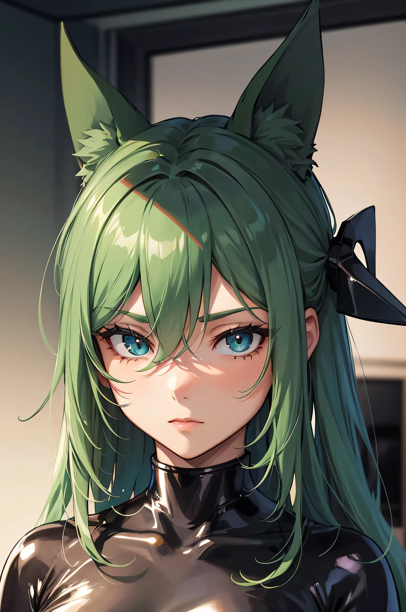beautiful, (masterpiece), 最high quality, (extremely get used to it face), extremely get used to it eyes, perfect lighting, overall details, get used to it, deep skin, slicked back hair, long hair, green hair, type of eyes, slicked back hair, elbow bag, alone, looking at the viewer, one hand, verbal invitation, lifting shirt, saliva, saliva trail, latex suit, spy lady, wearing tight latex suits, high quality, Super high quality, Highly detailed CG Unity 8K wallpaper, High resolution, close your face, bondage suit, shiny bondage, cool girl, dog girl, cat girl