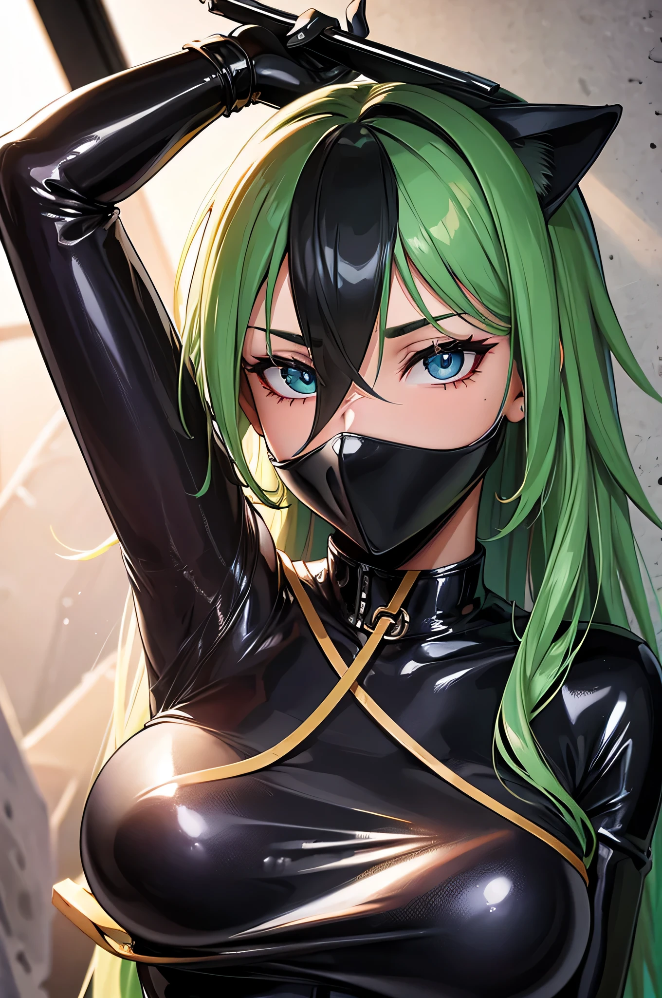 beautiful, (masterpiece), 最high quality, (extremely get used to it face), extremely get used to it eyes, perfect lighting, overall details, get used to it, deep skin, slicked back hair, long hair, green hair, type of eyes, slicked back hair, elbow bag, alone, looking at the viewer, one hand, verbal invitation, lifting shirt, saliva, saliva trail, latex suit, spy lady, wearing tight latex suits, high quality, Super high quality, Highly detailed CG Unity 8K wallpaper, High resolution, close your face, bondage suit, shiny bondage, cool girl, dog girl, cat girl
