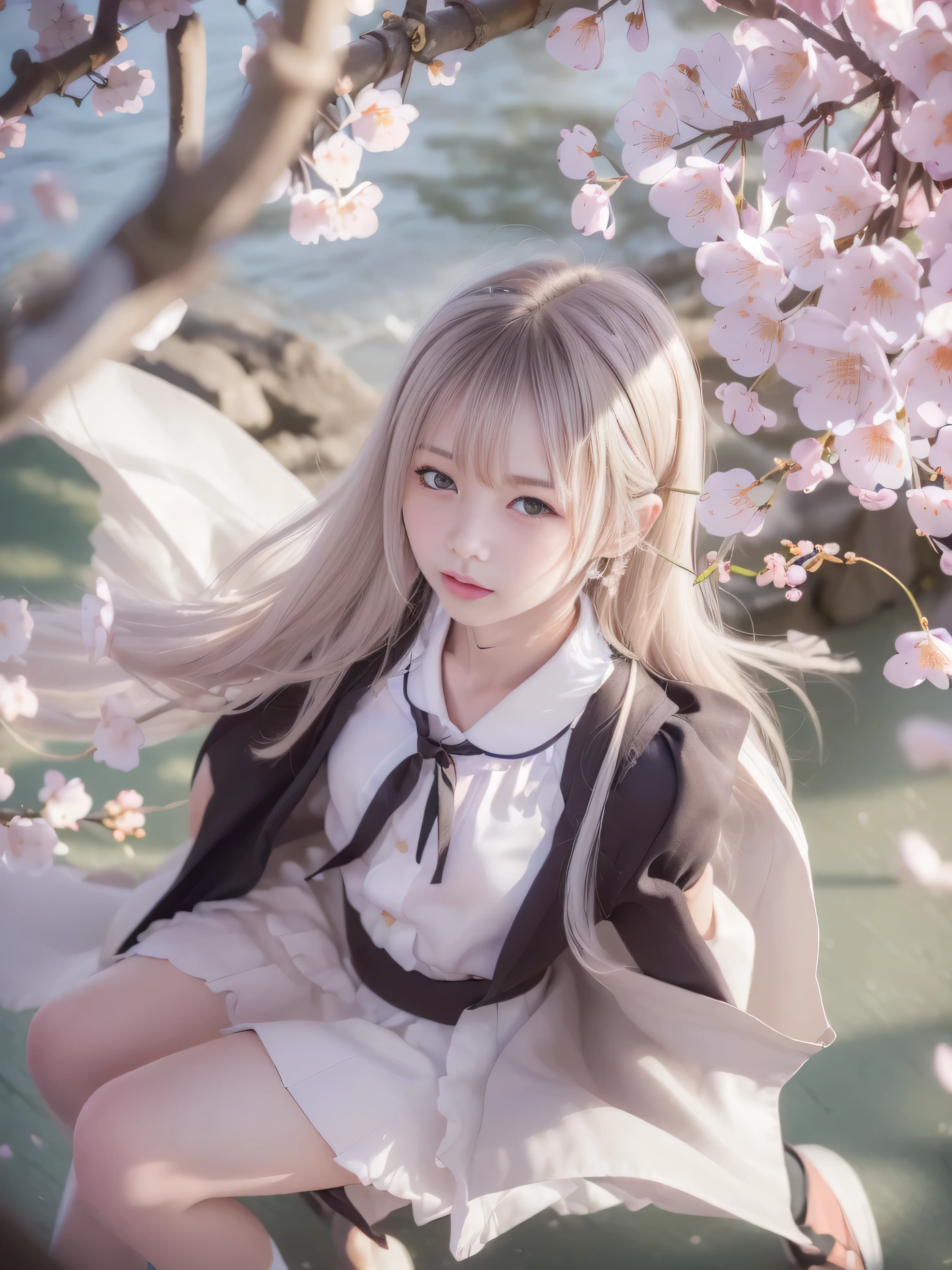 (((RAW image quality:1.4))), super beautiful photos，highly detailed background，realistic，Super detailedな，super dense skin，detailed beautiful face and eyes，retina, table top, Accurate, anatomically correct, rough skin, Super detailed, advanced details, high quality, award-winning, 最high quality, High resolution, 8K,ultimate beautiful girl, break,girl close-up, loose coat collar sailor suit, thin head,magical school student uniform, japanese girl uniform,, cute dress, Caitlin mini cute style, wears long flowing clothes, , magic , black and white clothes, high school girl, black quick, ((small breasts:1.7,thin legs,thin thighs:1.4)),slim body shape,highly detailed eyes and face、beautiful and detailed eyes,tsurime,beautiful skin,brilliance of details、The skirt is ironed、No wrinkles，((smooth hair，thin hair，very thin hair))，(knee length skirt:1.7),1 girl,thin legs,beautiful feet,alone,wearing underwear,face becomes smaller,realistic expression,(A face that feels:1.6),enchantment,white skin raw photo,Shyness,longing for love,((cool color makeup，lowered eyebrows、whitening effect，thin and thin eyebrows，((fleeting girl，expression of joy))，very soft lighting，eight-headed body，shine of light，According to II，Lens flare，sharpen，cinematic shadow,Change time zone when shooting.，school zone，Kantai Collection Style, ((200 cherry blossom petals dancing in the wind:1.4))、(Background of many cherry blossoms in full bloom:1.4), (blurred background:1.4)