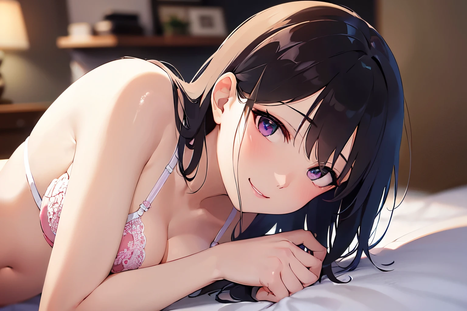 ?????????, large ????????????? ???????, (show pink bra:1.2) , pink lace bra,navel、Upper Body, Realistic, real person, (pale skin: 1.2), RAW photo, photorealistic, portrait photography, shiny skin, japanese idol、shiny hair、(25 year old woman with straight medium hair with bangs) and (black hair) and (purple eyes) , (embarrassed:1.2), smile, The background is the living room、Alone、