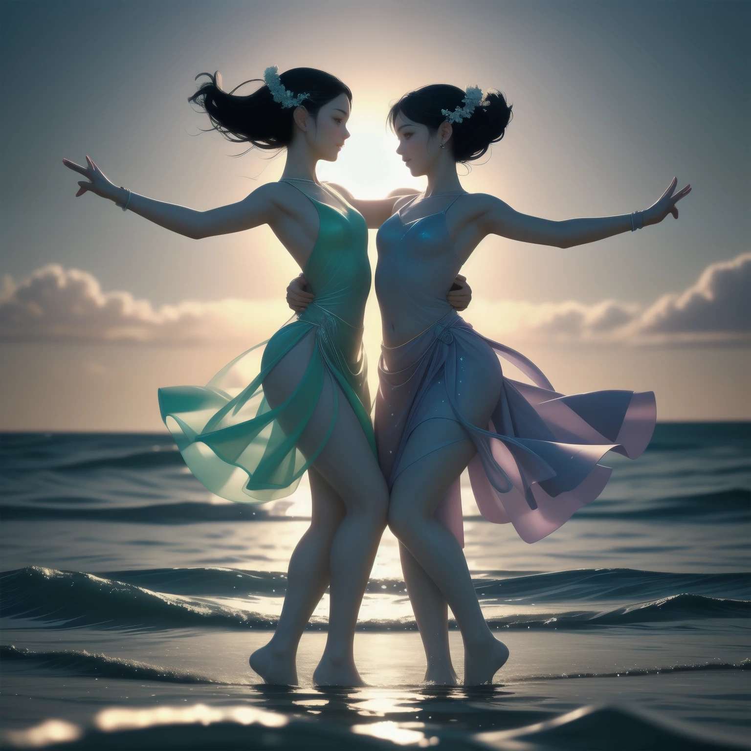 Picture a breathtaking scene of people dancing on the shimmering surface of the sea. The vibrant color palette reflects the joy and energy of the moment. Sunlight dances on the undulating waves, casting a golden glow on the dancers' bodies. Their feet barely touching the water, they move in perfect harmony with the rhythm of the waves. The gentle spray of the water on their faces adds a refreshing touch to the moment.
Imagine a group of dancers, their bodies glistening with droplets of water, dressed in flowing pastel-colored garments. They move in graceful synchrony, their arms and legs swaying in the air, creating elegant patterns against the backdrop of