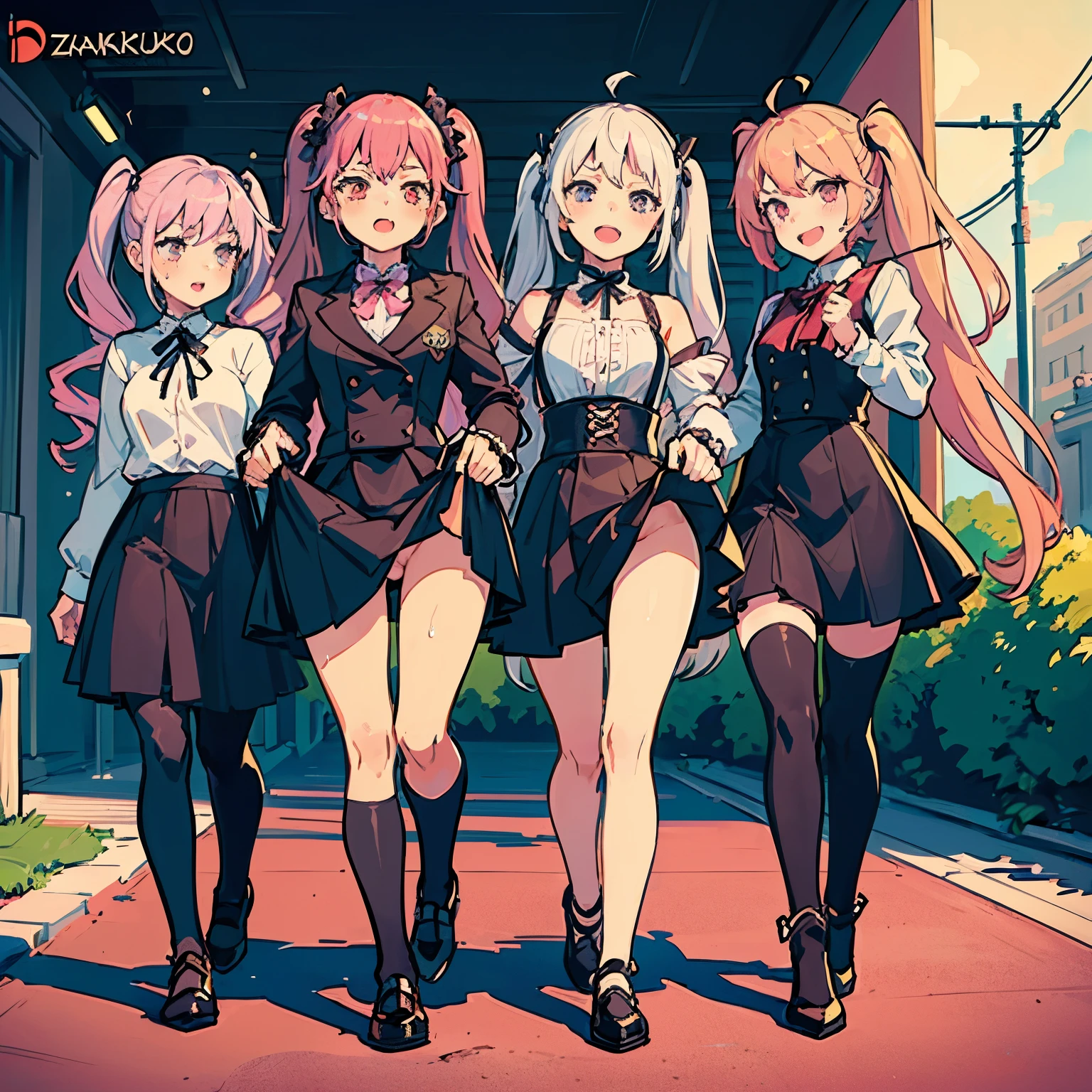 ((4 Girls with pink hair)), all with long twintail hairstyle, small bushy eyebrows, wearing gothic ****ta clothing, (Zankuro) drawing style by zankuro artist, Zancrow style, image uploaded to R34, walking to school, flirty smile, , lifting her skirt to show her vagina wet with semen