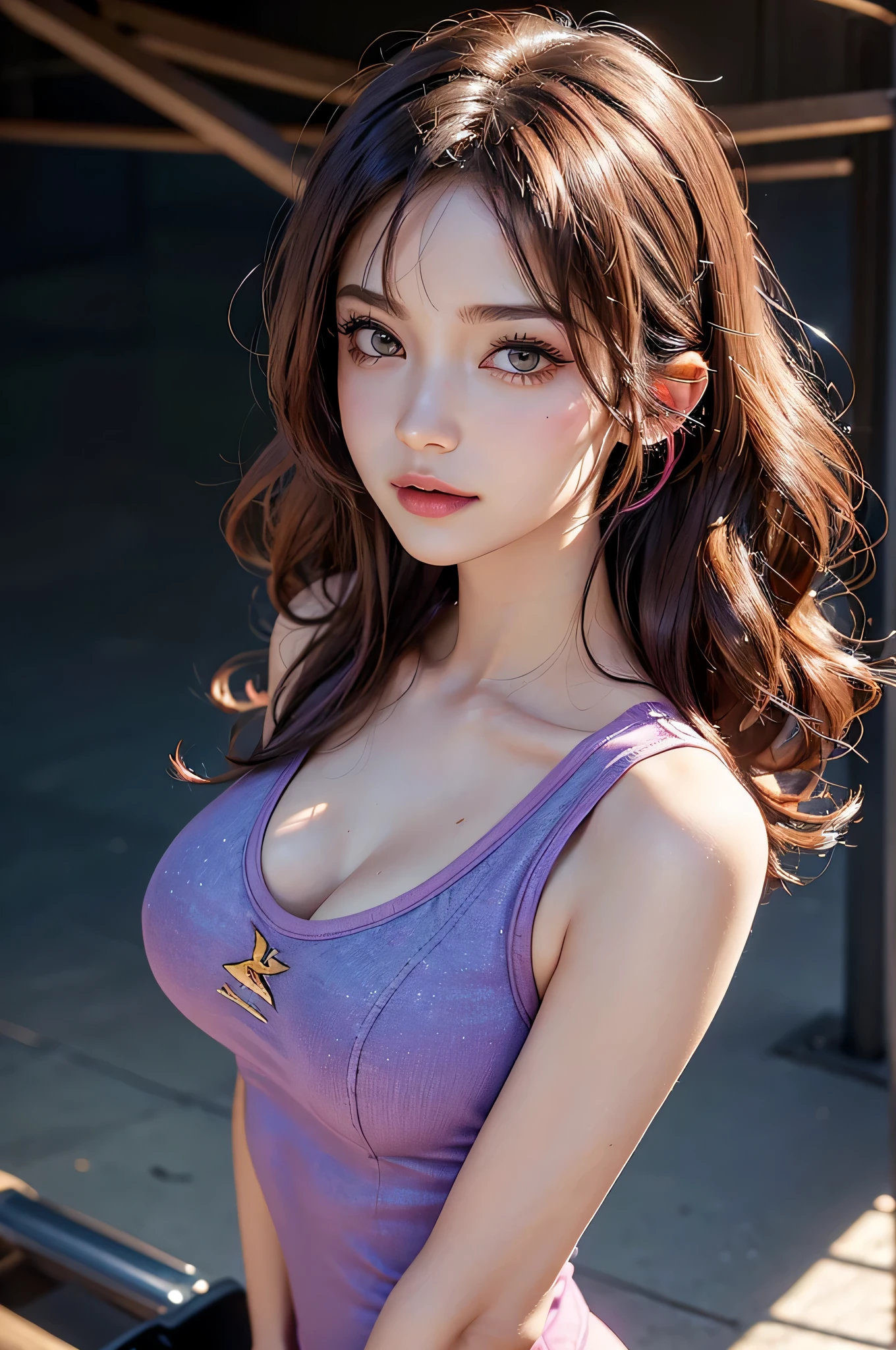 ((huge-breasted)), ((,)), ((Very small head)), Daylight, Sunlight, Bright light, (Perfect body : 1.1), (fullllbody), (short wavy textured choppy bob styled hair:1.2, dark brown hair, Pink and blue mesh hair, Thin mesh), Full body shot, ((Tight workout wear), (Sweat), (Very detailed CG 8k wallpaper), (extremely delicate and beautiful), (masutepiece), (Best Quality:1.0), (超A high resolution:1.0), (realisitic), beautiful lightning ,Perfect Lightning, Realistic Shadows, [hight resolution], Detailed skin, Ultra-detailed, Slim body), (Beautiful hair, Wavy Hair, Real Hair, detailed hairs, High Ponytail), Fine Collarbone, Beautiful breasts, blush, Photorealistic, Realistic face, Beautiful face, Cute face, Realistic eyes, Small eyes, Cute smile, (((Colorful))), (eye liner), (mascara), (eye shadow), (At the gym), Looking back, bighip, (-faced), ((invisible clothes)), ((breasts can be seen from outside)) 