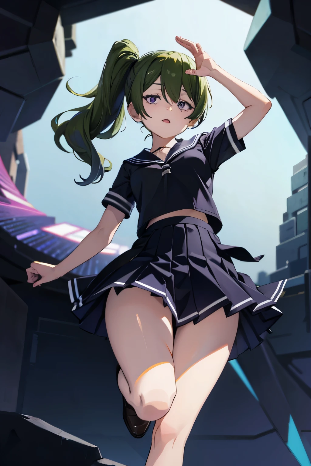 core_9, score_8_up, score_7_up, score_6_up, score_5_up, score_4_up, source_anime, screenshot, Uber, 1 girl, green hair, bangs, hair between the eyes, side ponytail, purple eyes, half eyes, full body, low angle, mini skirt, white sailor suit, school