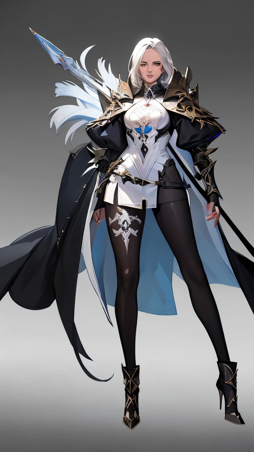 1 female,Profession：swordsman， 30 years old,（ dungeon & Warrior characters)，Wearing black tights，complete body，，white hair， luxurious，Lots of accessories，with sword，leather armor，vertical painting，White background，whole body，High heel。stand。Front view