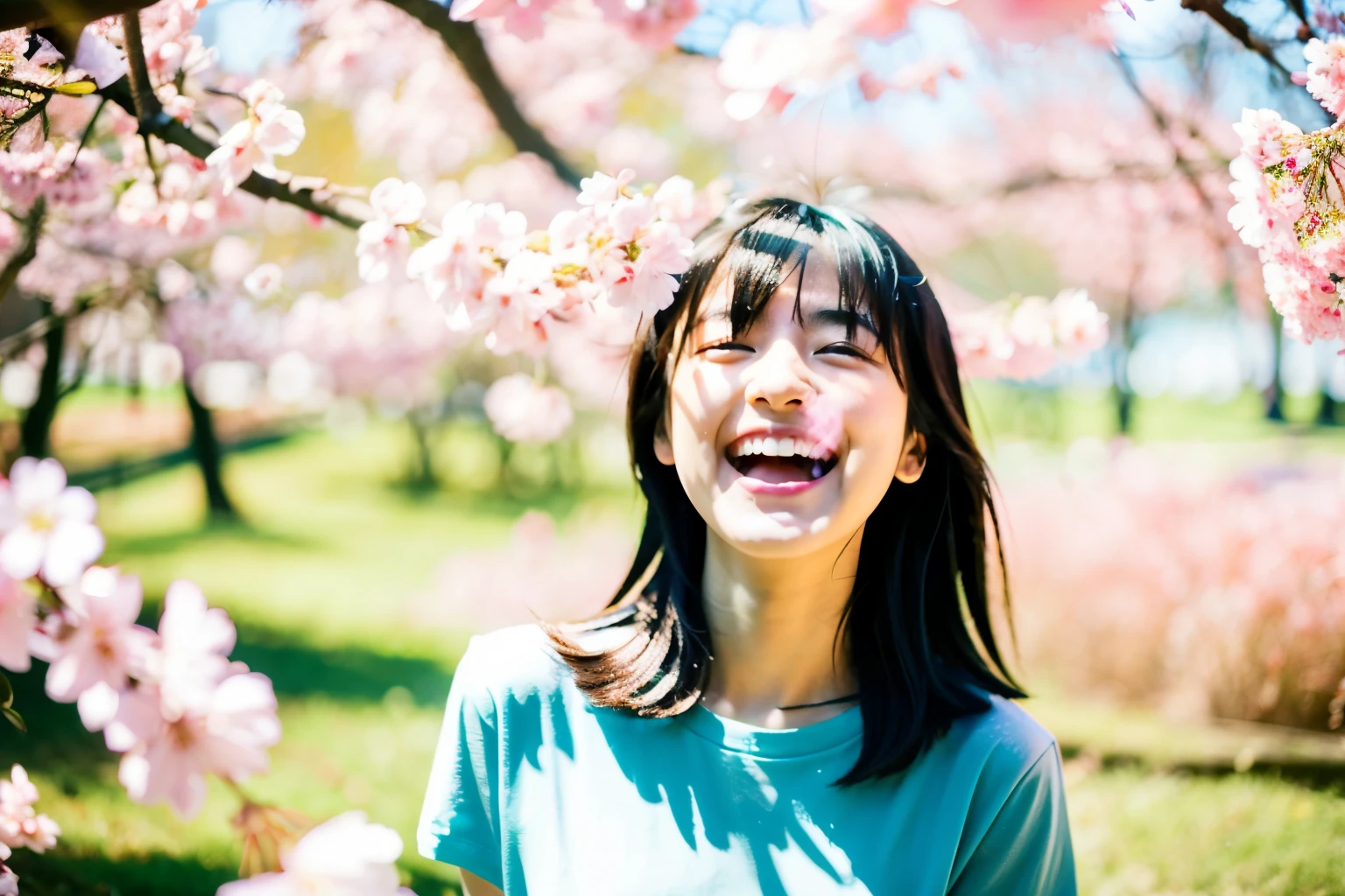 Maria from Japan, (masterpiece, best quality:1.2), (raw photo),(film gain:0.7),
(beautiful 20yo girl),  (dapped sunlight:0.6),
 (flat bangs:0.7), long hair with her hair fluttering, (laugh),  (dynamic pose),
(soft pastel-colored T-shirts), 
BREAK
(at the blossom), (Petals fluttering:1.2),  (from above), BREAK (spring Art),