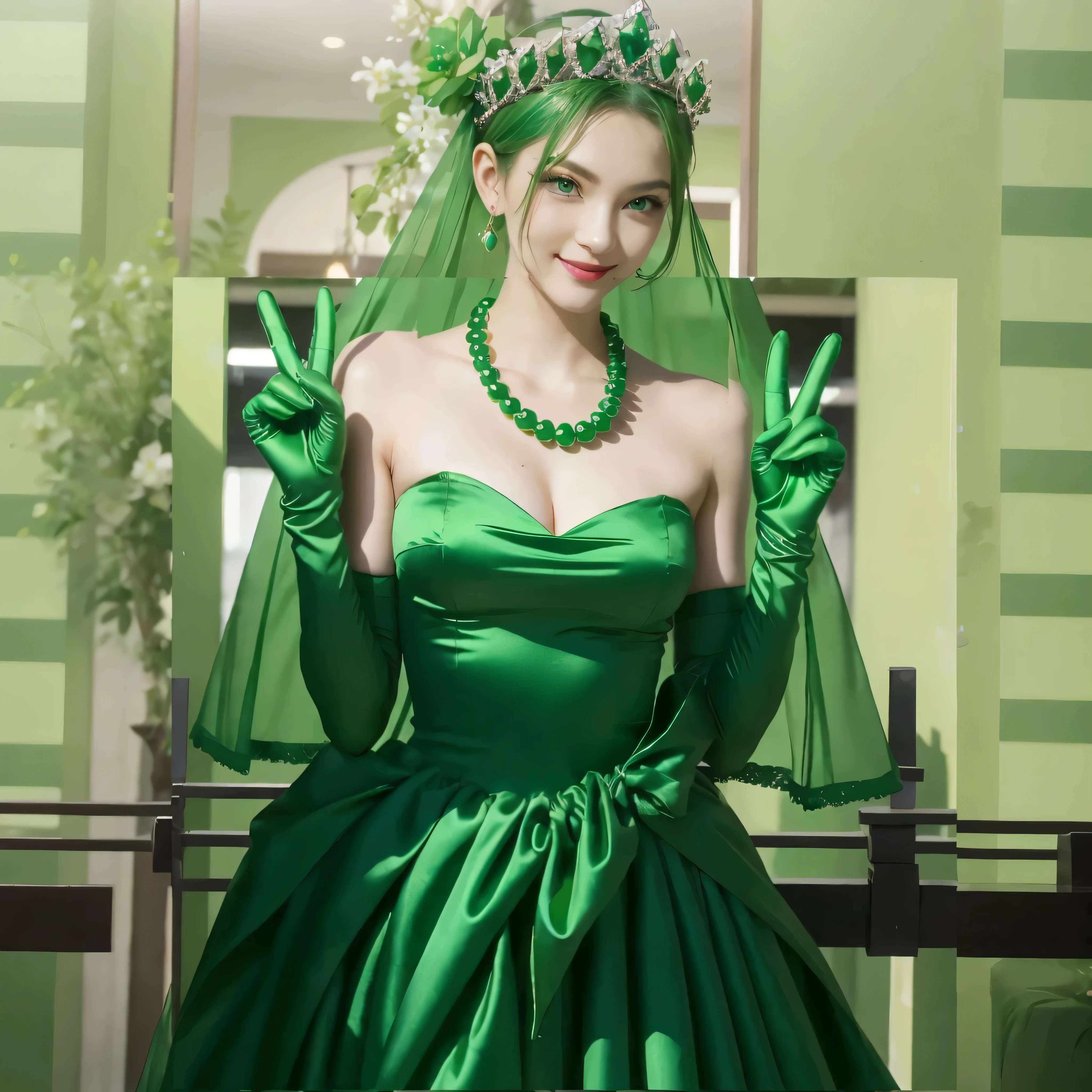 emerald tiara, green pearl necklace, Boyish green berry short hair, lipstick, Smiling Japan woman, very short hair, big breasts beautiful, green eyes, Green long gloves made of satin material, green eyes, V sign, emerald earrings, 30 generation women