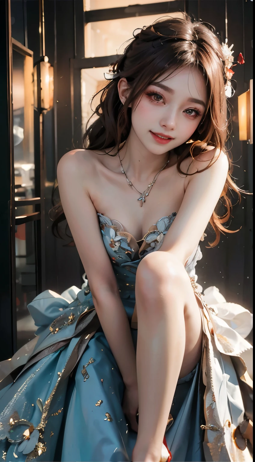 Modify hair only、Face)dress,Reddish-brown hair,curls,ponytail,Nice bun,Perfect hairstyle,red headdress,red eyes,red eye,red pupils,Delicate and detailed eyes,clear eyes,Red eyes,huge ,smile,happy