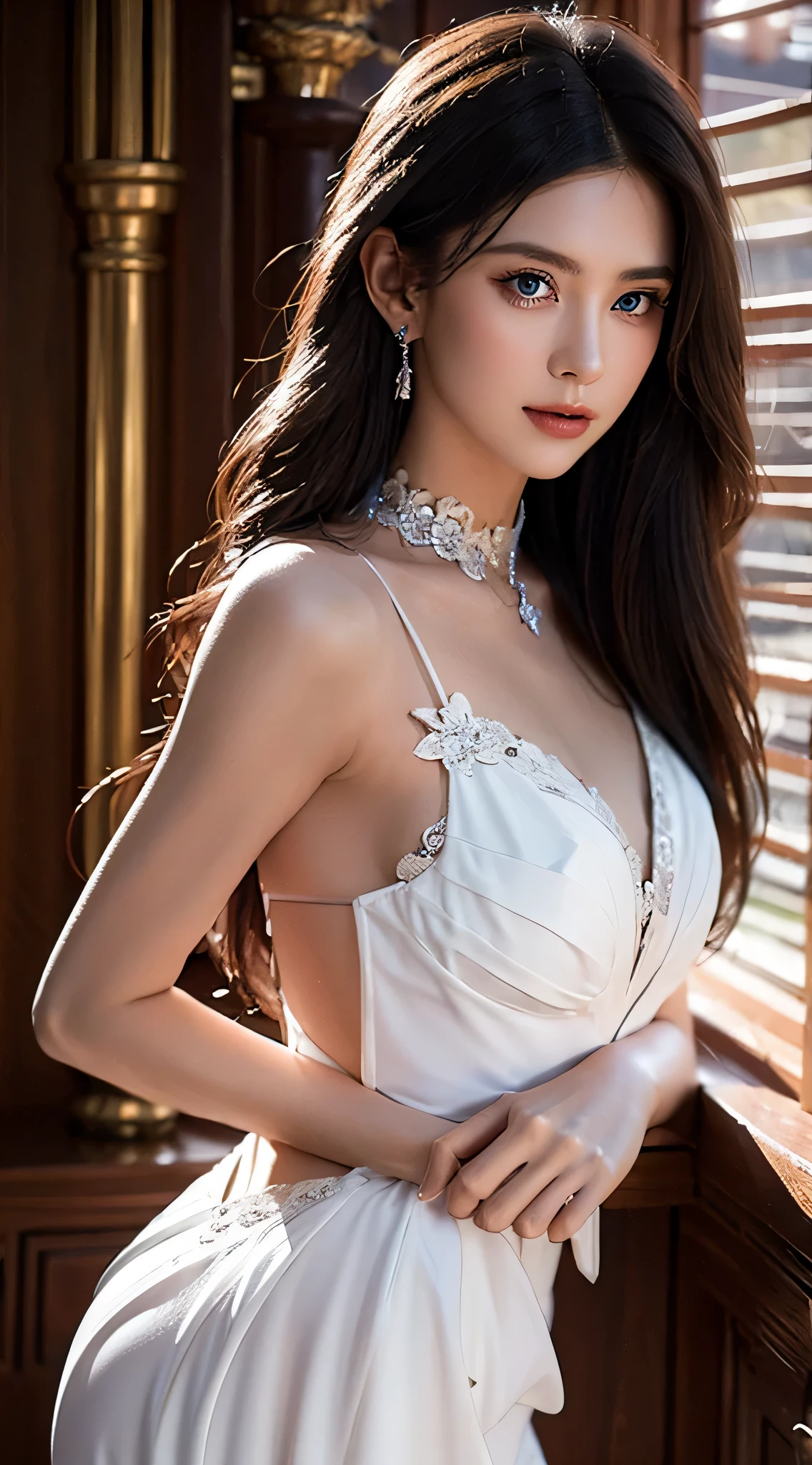 best quality, masterpiece, highres, 1girl,china wedding dress,hair ornament,necklace, jewelry,Beautiful face,slender, small breasts, tyndall effect,photorealistic, dark studio, rim lighting, two tone lighting,(high detailed skin:1.2), 8k uhd, dslr, soft lighting, high quality, volumetric lighting, candid, full body, high resolution, 4k, 8k, Bokeh