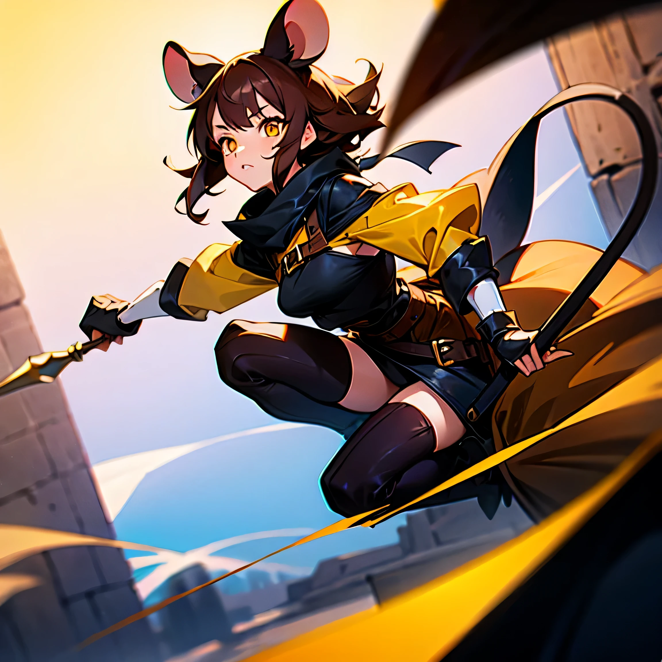 girl, Mouse ears, mouse tail, yellow eyes, brown hair, adventurer, steal, cute,