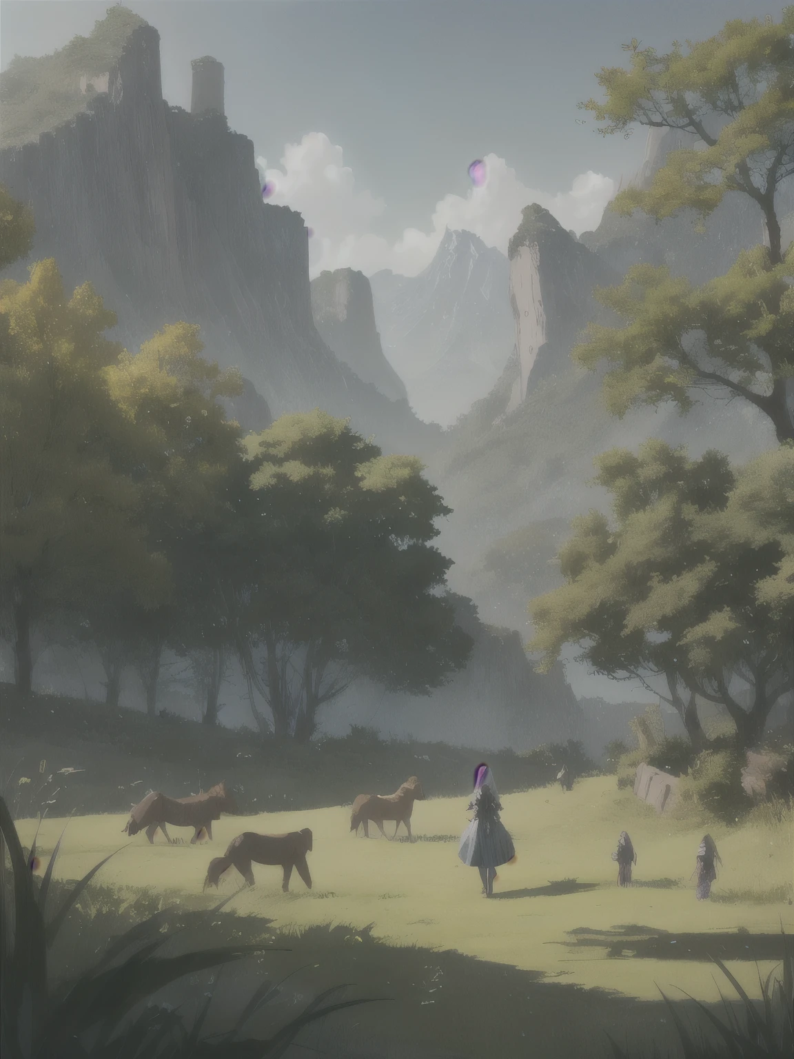 In a green meadow stands a girl leading a group of knights.
BREAK
With a brave expression, she guides them towards their destination.
BREAK
Behind her, a green forest stretches out and beyond that, mountains rise in the distance.
BREAK
The most suitable effect for this scene would be a watercolor painting technique to ca