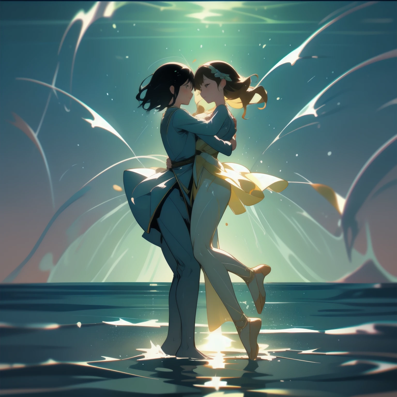 Picture a breathtaking scene of people dancing on the shimmering surface of the sea. The vibrant color palette reflects the joy and energy of the moment. Sunlight dances on the undulating waves, casting a golden glow on the dancers' bodies. Their feet barely touching the water, they move in perfect harmony with the rhythm of the waves. The gentle spray of the water on their faces adds a refreshing touch to the moment.
Imagine a group of dancers, their bodies glistening with droplets of water, dressed in flowing pastel-colored garments. They move in graceful synchrony, their arms and legs swaying in the air, creating elegant patterns against the backdrop of