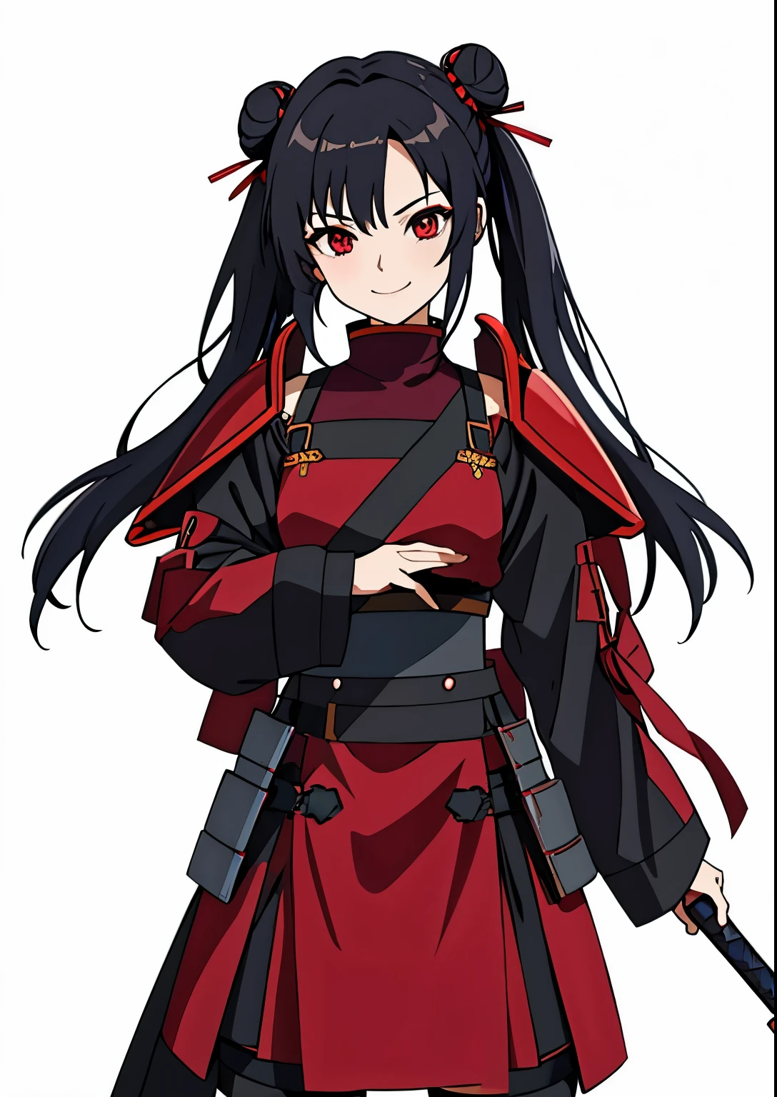 (high-quality, breathtaking),(expressive eyes, perfect face)(Symmetrical Eyes: 1), 1girl, female, black hair color, red eye color, age 10, ****ta, twin bun hairstyle with pigtails, fluffy hair, Li Meiling inspired, Madara Uchiha Inspired, Bicep-high Gauntlets, Armored Boots, Thigh-high Heeled Boots, Armored Gauntlets, battle kimono, skirt, Metal Red Armor chest plate with shoulder pads, Madara Uchiha Clothing, bright smile, Shinobi, Hidden Leaf Shinobi, short height, bright smile, grey background, 
