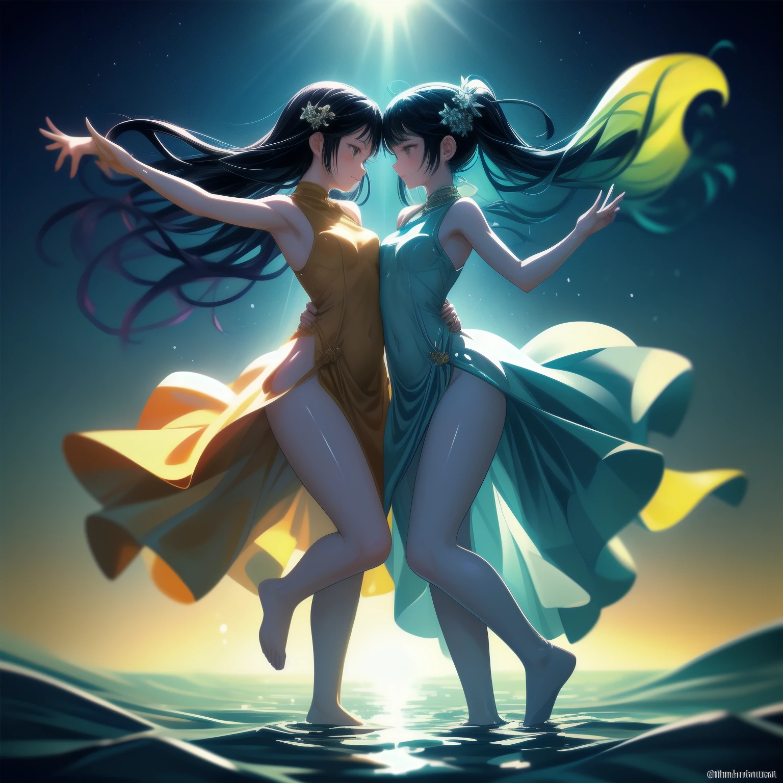 Picture a breathtaking scene of people dancing on the shimmering surface of the sea. The vibrant color palette reflects the joy and energy of the moment. Sunlight dances on the undulating waves, casting a golden glow on the dancers' bodies. Their feet barely touching the water, they move in perfect harmony with the rhythm of the waves. The gentle spray of the water on their faces adds a refreshing touch to the moment.
Imagine a group of dancers, their bodies glistening with droplets of water, dressed in flowing pastel-colored garments. They move in graceful synchrony, their arms and legs swaying in the air, creating elegant patterns against the backdrop of