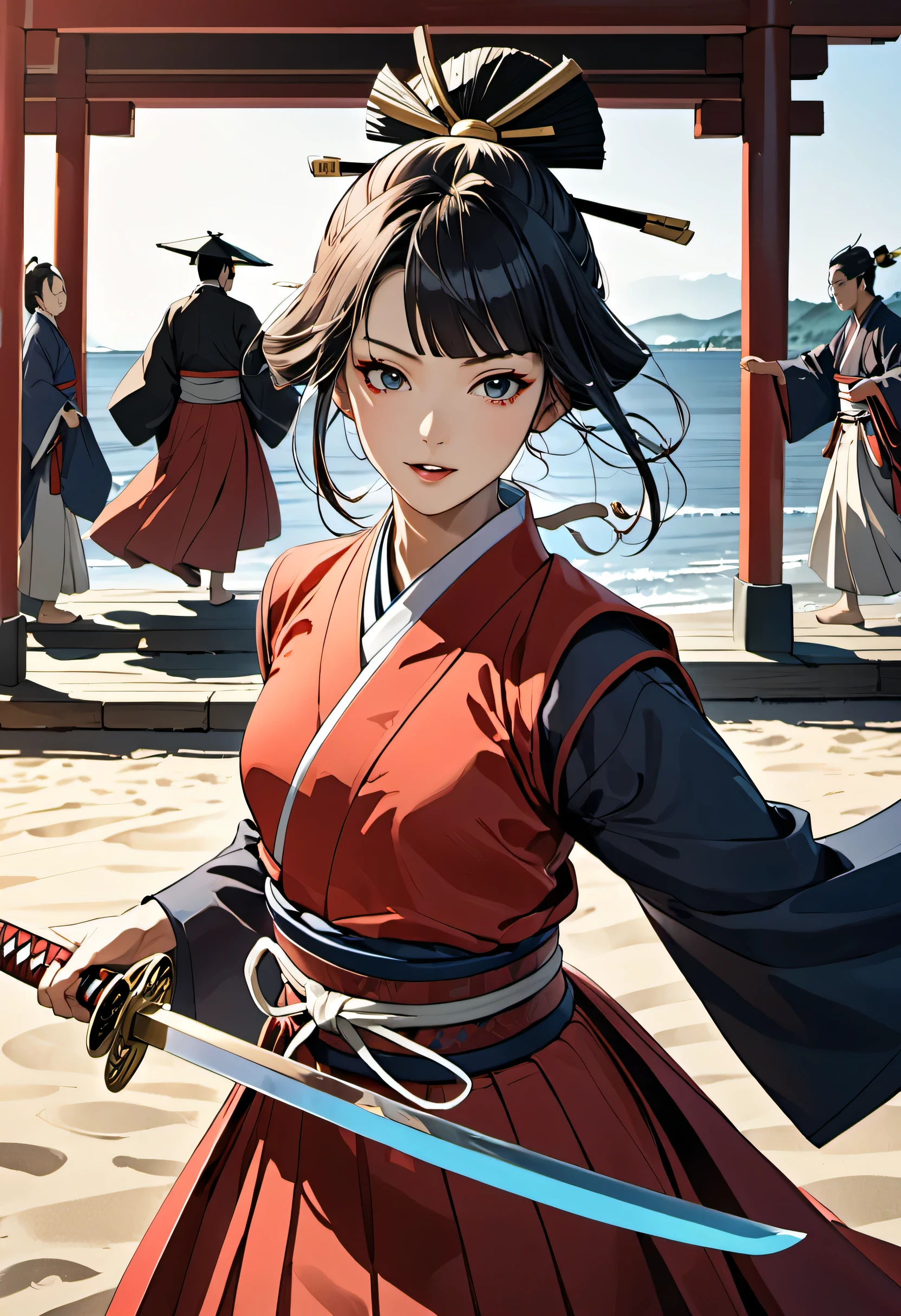 priest woman dancing on the beach:20th generation:Shirabyoshi of the Heian period,priest&#39;clothing:Red too,Belt Sword,Dance Fan,be quiet,beautiful light and shadow,masterpiece,最高masterpiece,splash of water,beautiful light and shadow,rendering,A scene from a movie,