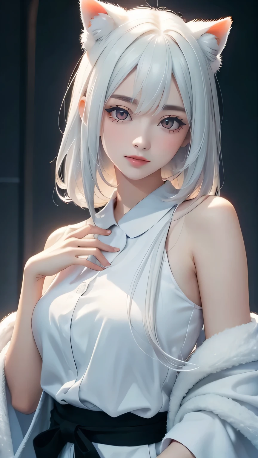 (((masterpiece))),((highest quality)),one beautiful japanese girl,pale, (A fusion character of humans and cats: 1.5), ((Cat ear)), ((furry clothes)), Clothes that expose a lot of skin,