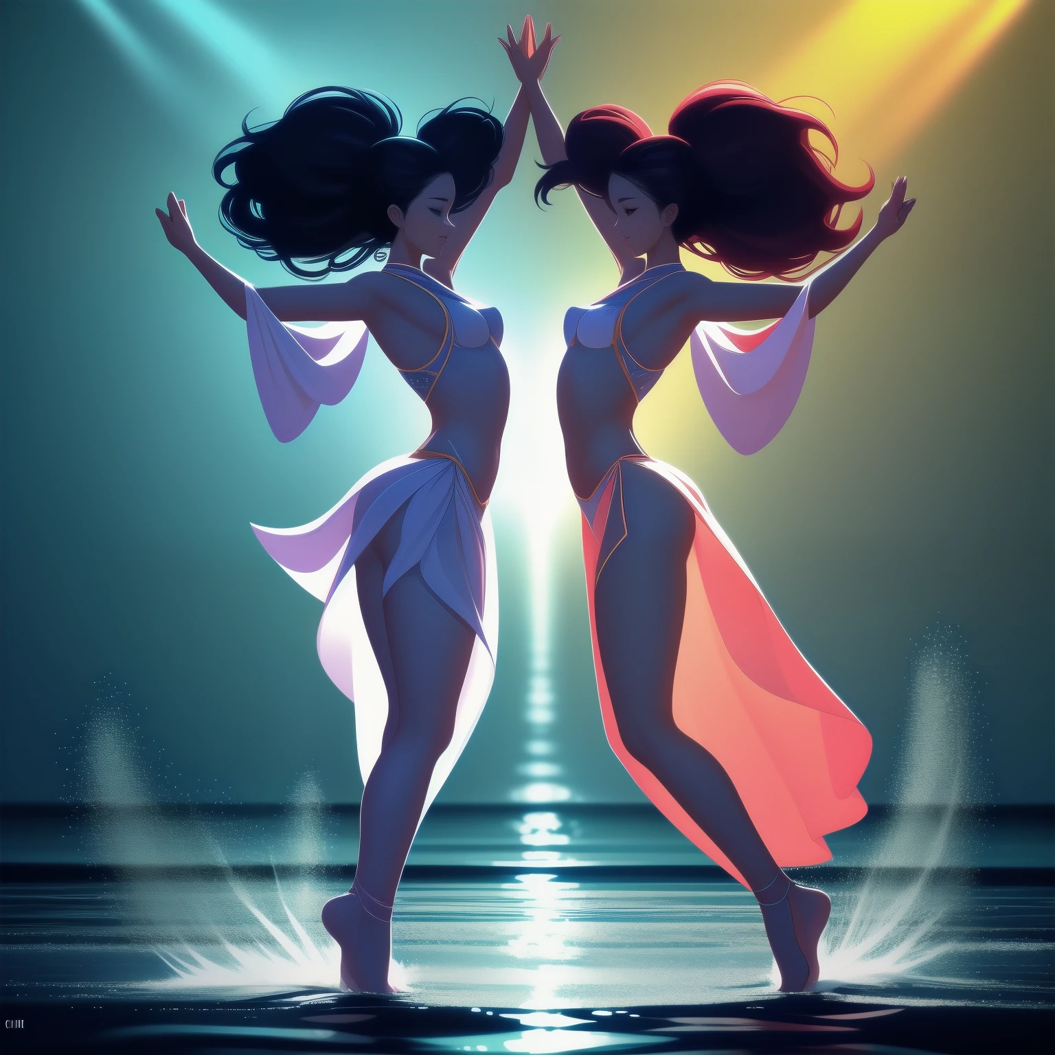 Picture a breathtaking scene of people dancing on the shimmering surface of the sea. The vibrant color palette reflects the joy and energy of the moment. Sunlight dances on the undulating waves, casting a golden glow on the dancers' bodies. Their feet barely touching the water, they move in perfect harmony with the rhythm of the waves. The gentle spray of the water on their faces adds a refreshing touch to the moment.
Imagine a group of dancers, their bodies glistening with droplets of water, dressed in flowing pastel-colored garments. They move in graceful synchrony, their arms and legs swaying in the air, creating elegant patterns against the backdrop of