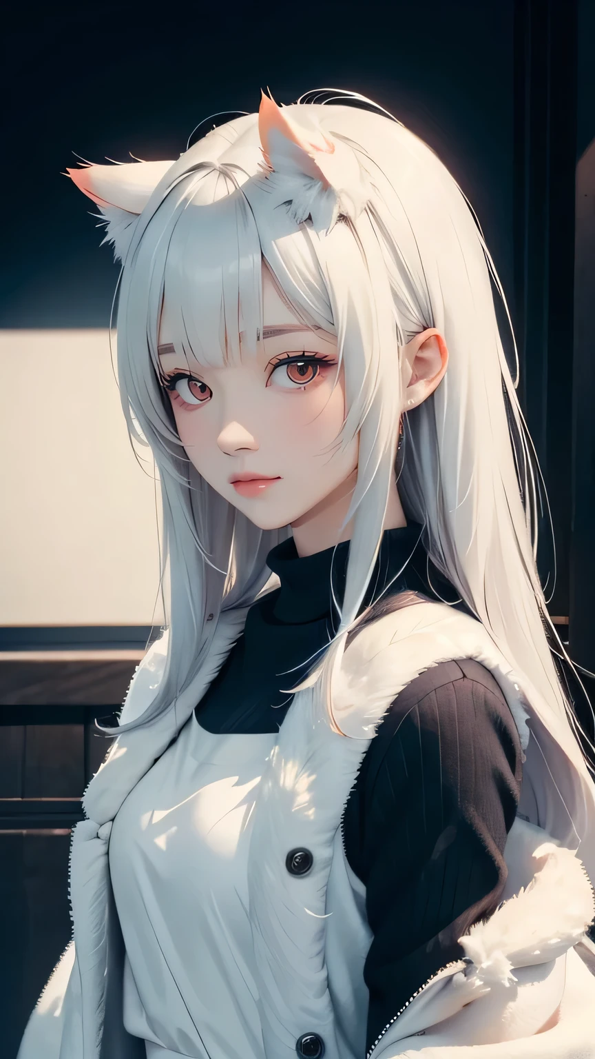 (((masterpiece))),((highest quality)),one beautiful japanese girl,pale, (A fusion character of humans and cats: 1.5), ((Cat ear)), ((furry clothes)), Clothes that expose a lot of skin,