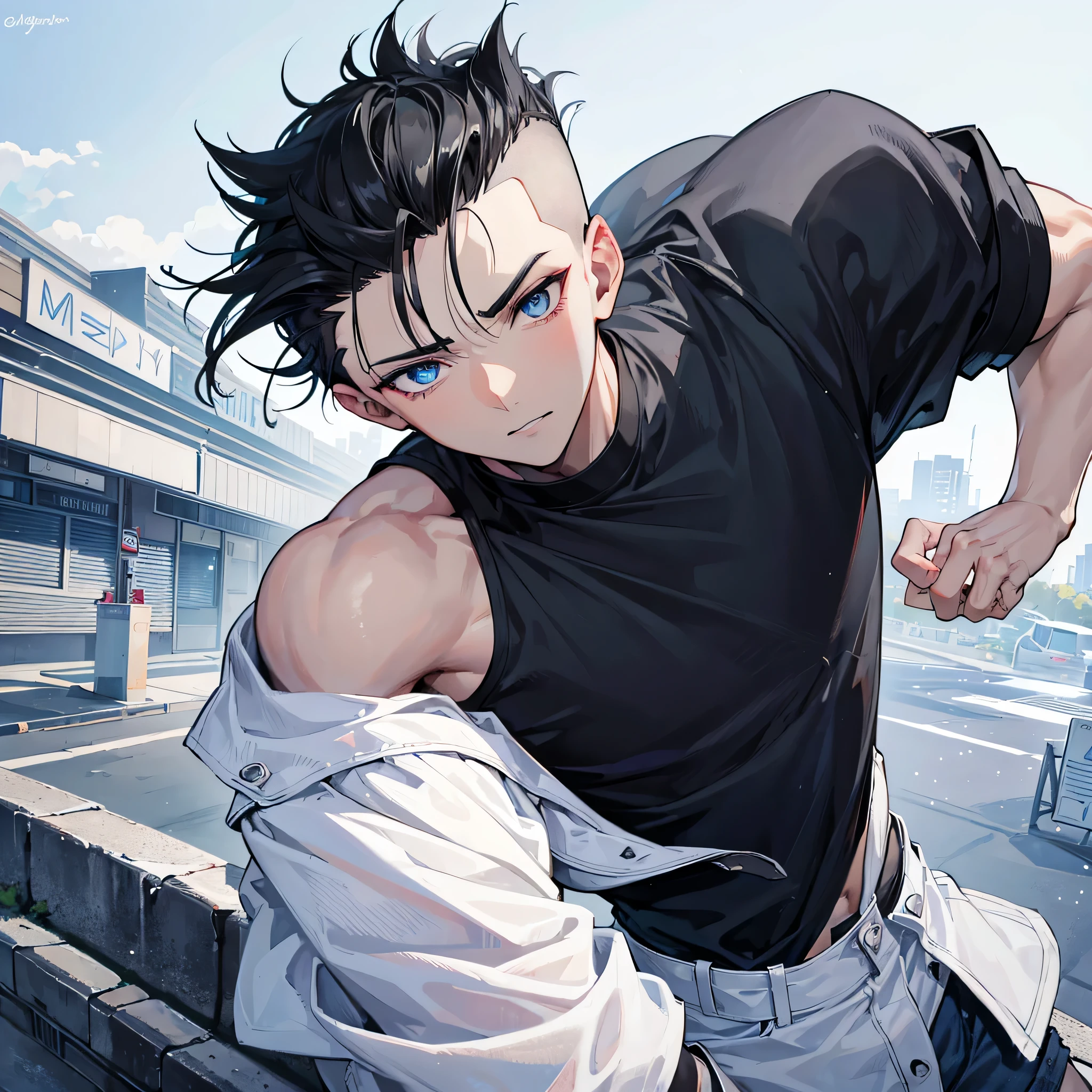 1boy, black hair with faded mohawk hair cut , blue eyes, hansome, hot ,light dark skin tone ,wearing plain white shirt, black denim , city, absurdres, high res, ultrasharp, 8K, masterpiece, looking at viewer, sexy pose