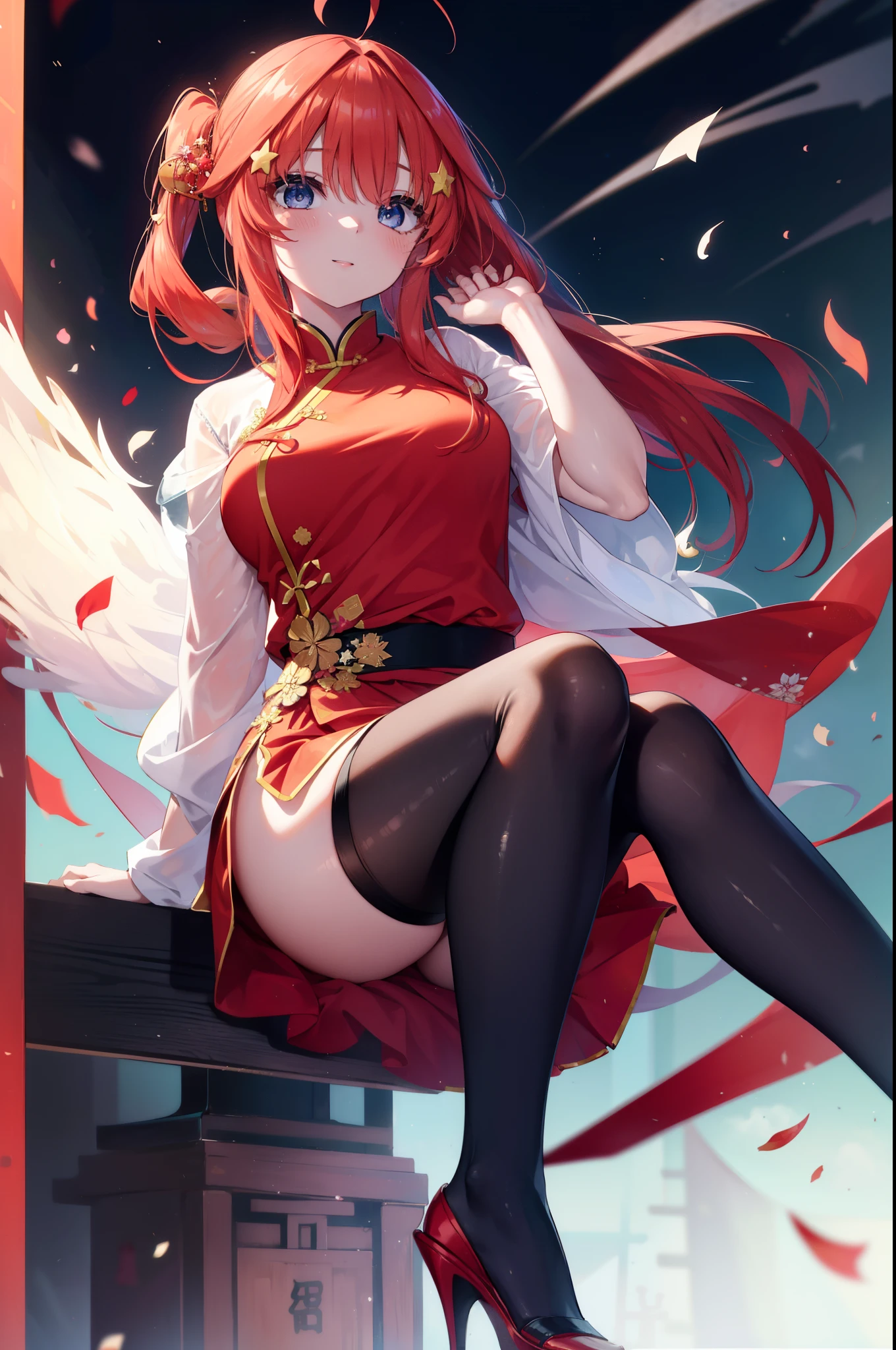 itsukinakano, itsuki nakano, bangs, blue eyes, hair between eyes, Ahoge, redhead, star \(symbol\), hair ornaments, star hair ornaments,long hair,low ponytail,smile,blush,open your mouth,,red cheongsam,red chinese slit skirt,black pantyhose,stiletto heels,両腕を後ろに回し覗き込む
break indoors, Chinese style streetscape,
break (masterpiece:1.2), highest quality, High resolution, unity 8k wallpaper, (figure:0.8), (detailed and beautiful eyes:1.6), highly detailed face, perfect lighting, Very detailed CG, (perfect hands, perfect anatomy),
