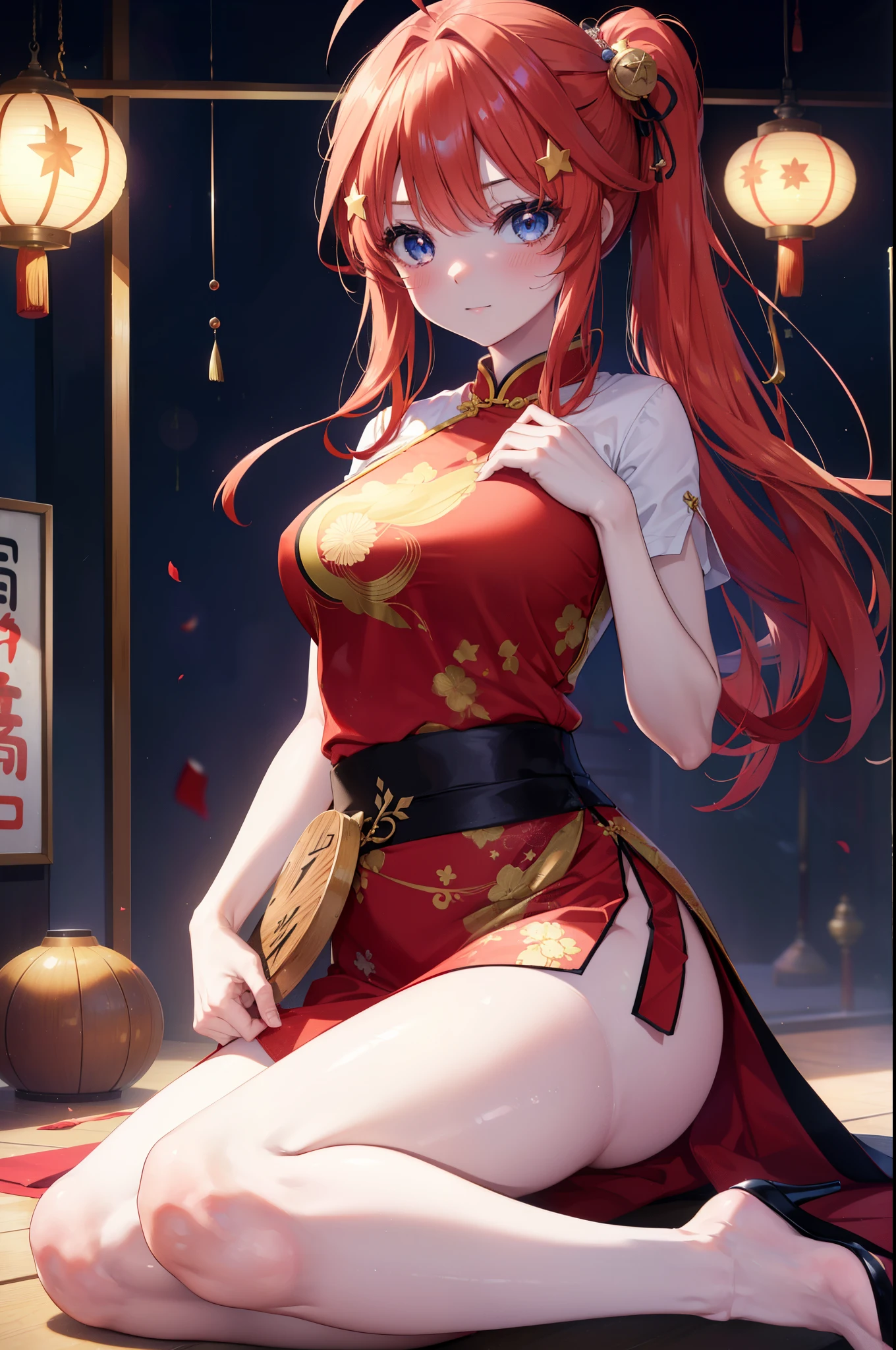 itsukinakano, itsuki nakano, bangs, blue eyes, hair between eyes, Ahoge, redhead, star \(symbol\), hair ornaments, star hair ornaments,long hair,low ponytail,smile,blush,open your mouth,,red cheongsam,red chinese slit skirt,black pantyhose,stiletto heels,両腕を後ろに回し覗き込む
break indoors, Chinese style streetscape,
break (masterpiece:1.2), highest quality, High resolution, unity 8k wallpaper, (figure:0.8), (detailed and beautiful eyes:1.6), highly detailed face, perfect lighting, Very detailed CG, (perfect hands, perfect anatomy),