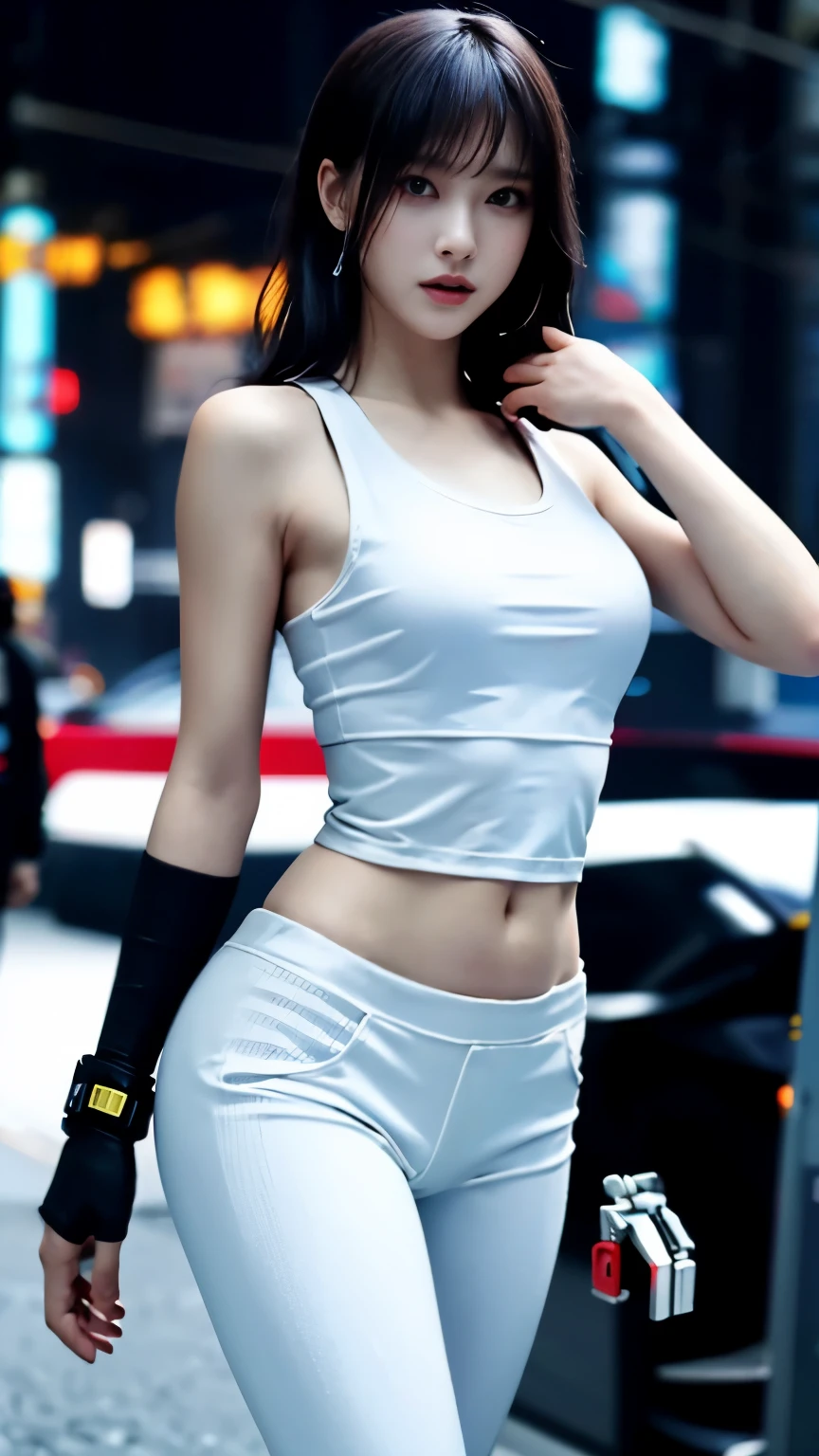 (highest quality)，masterpiece，Super detailed，8K, UHD，Beautiful woman，japanese woman，No expression，whole body，slim，black slacks，white tank top，(Female Mafia)，gangster，(cyberpunk city)，night，cinematic lightning，underworld