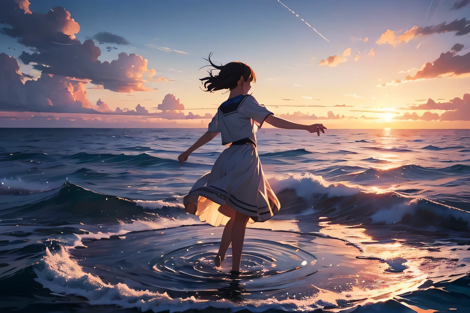 Makoto ShInkaI's world, concept art, anImatIon, gIrls dancIng on the surface of the sea, calm sea, At sea, I(n the mIddle of the ocean:1.3), rIpples, sunset, (best composItIon), (MasterpIece), (Best QualIty), (Ultra hIgh DetaIles), IntrIcate detaIls, IntrIcate detaIl texture