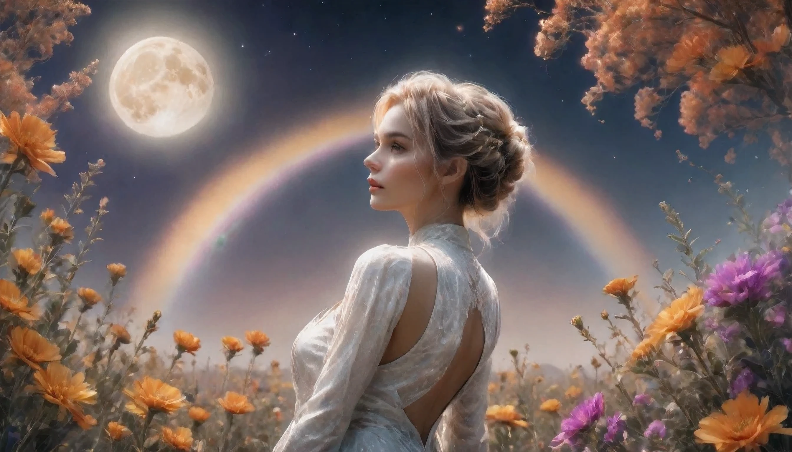 vast landscape photography, (View from below and views of the sky and desert), (((A girl standing in a flower field and looking up))), (full moon: 1.2), (shooting star: 0.9), (nebula: 1.3), distant mountain, tree break production art, (warm light source: 1.2), (Pirilighto: 1.2), light, purple and orange, intricate details, volume lighting, Realism BREAK (master part: 1.2) (better quality), 4k, Super detailed, (moving composition: 1.4), Highly detailed and colorful details, (rainbow heart: 1.2), (bright lighting, atmosphere lighting), dreamer, magic, (alone: 1.2)