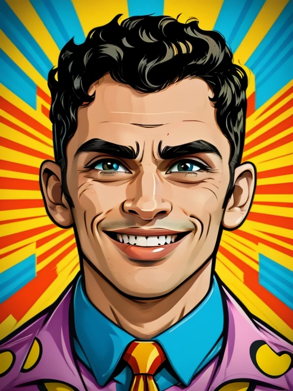 pop art face. 2/3 angle, 35 years old man   with black curly hair and open mouth smile, look to the viewer, black eyes, Vector background in pop art retro comic dots style