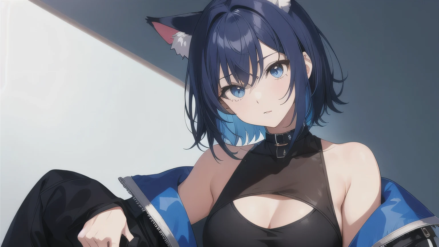 masterpiece:1.2, high quality, 最high quality, become familiar with_background,indoors,High resolution,there is nothing (solution 1988),black Jacket,Upper body,open clothes,confused,blue eyes,open Jacket,gradient background,looking at the viewer,often play sports,1 girl,short hair,bare shoulders,alone,animal ears,blue hair,Jacket,crop top,off shoulder,head tilt,Cat ear