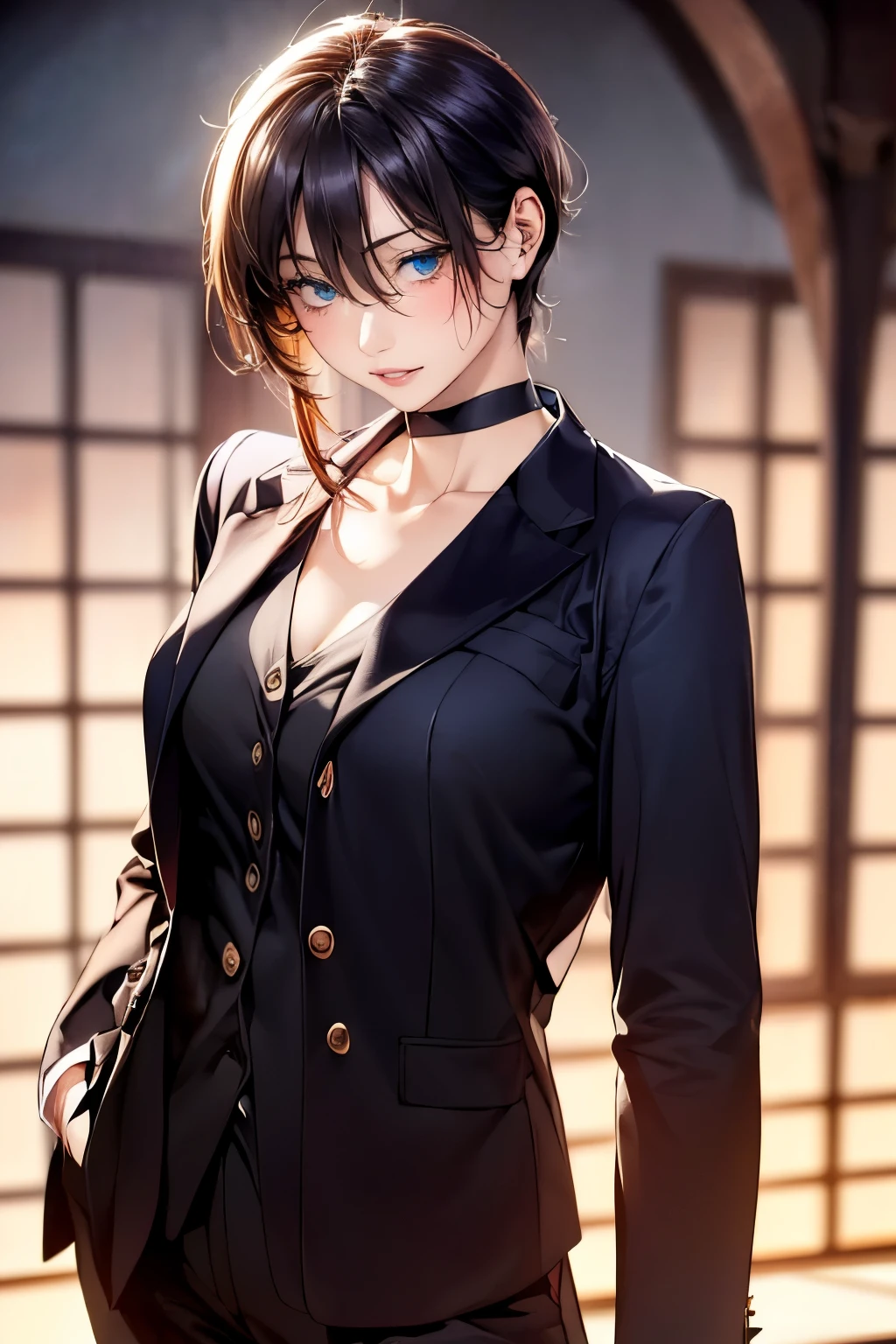(masterpiece:1.2, highest quality), (realistic, photorealistic:1.4), beautiful illustrations, (natural side lighting, movie lighting),
looking at the viewer, face focus, Upper body, 1 female, Japanese, perfect face, perfect body, Cute symmetrical face, shiny skin, baby face, big breasts:1.4, hair between eyes, emerald green eyes, seductive thighs, thin,
beautiful hair, beautiful face, thin and beautiful eyes, beautiful clavicle, beautiful body, beautiful breasts, beautiful thighs, beautiful feet, beautiful fingers, Are standing,(masterpiece:1.2, highest quality), (realistic, photorealistic:1.4), beautiful illustrations, 1 female, Japanese, blown 髪, bangs, 髪 between eyes, big breasts,
beautiful 髪, beautiful face, beautiful and detailed eyes, (blue eyes:1.3), beautiful clavicle, beautiful body, beautiful breasts, beautiful thighs, beautiful feet, beautiful fingers, (beautiful scenery:1.4),
((suit jacket, pants suit:1.6, collared shirt, choker)),
(seductive pose:1.3)