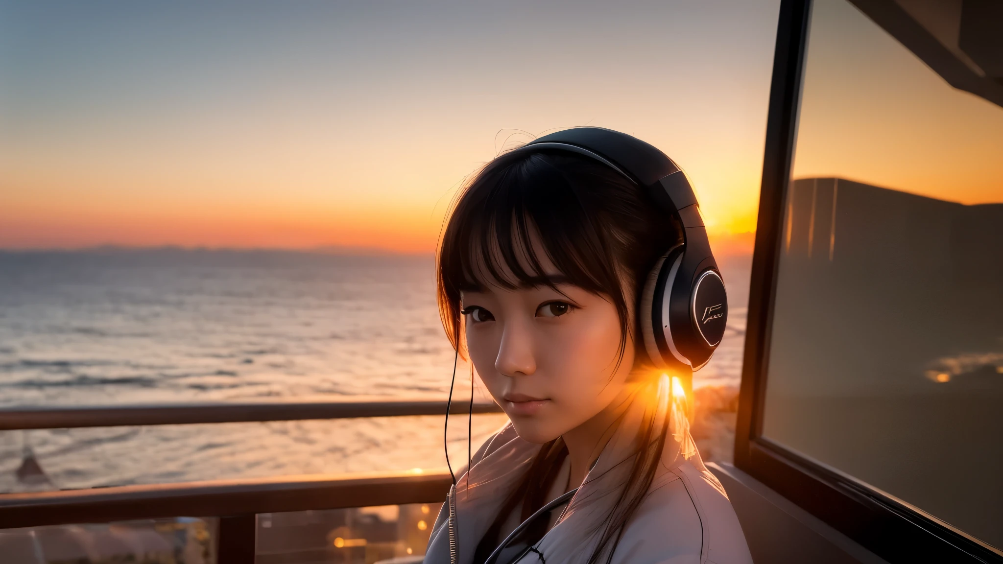 ((highest quality)), ((masterpiece)), (become familiar with), Beautiful sunset view,Close-up of young Japanese woman'face,The background is the sunset,wearing headphones,The headphones are drawn with precise symmetry.