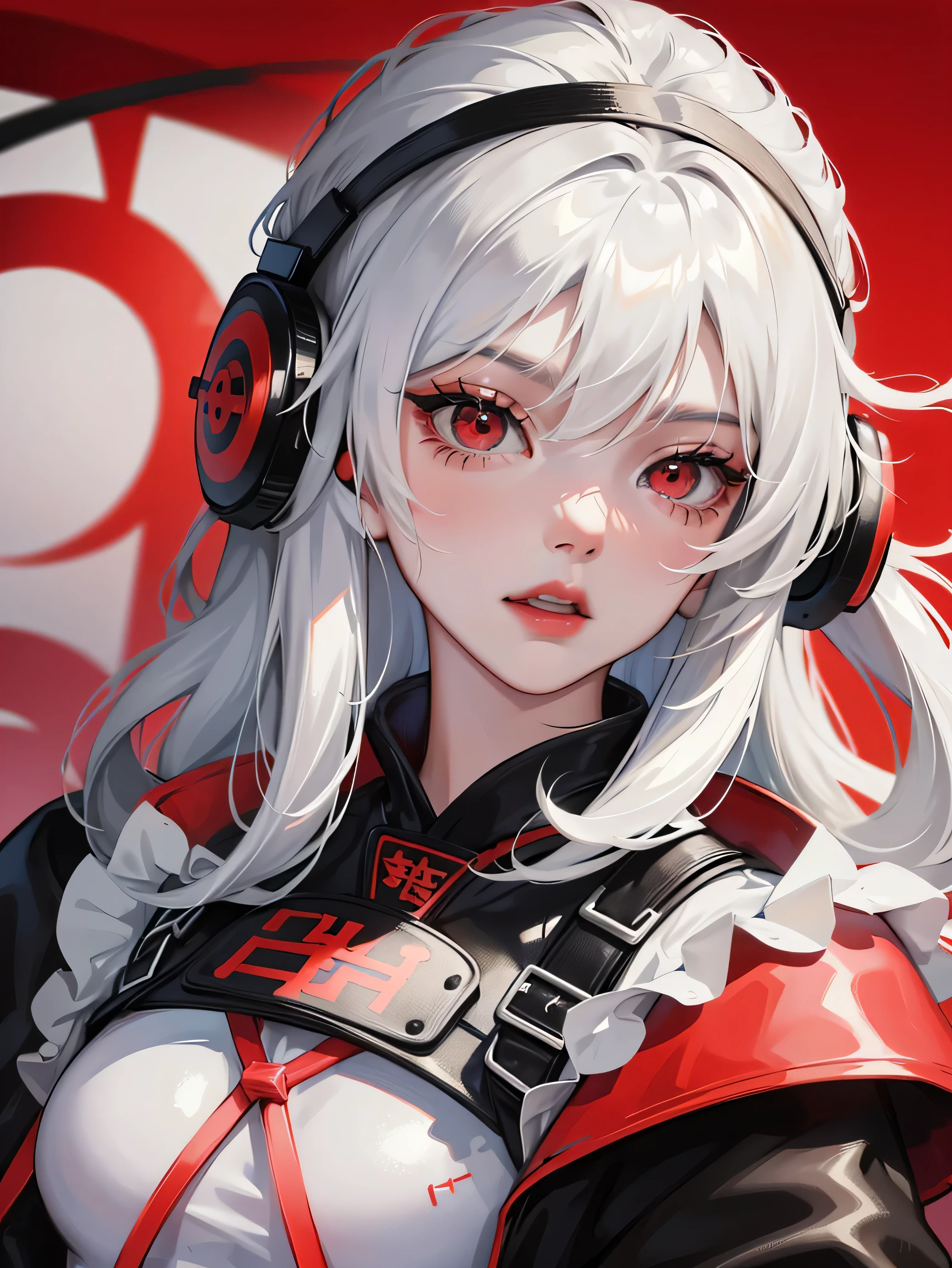 close up, anime girl, Black发, Red eyes, Black色、white色和红色科技服装, Black、white、red headphones,charming,angry