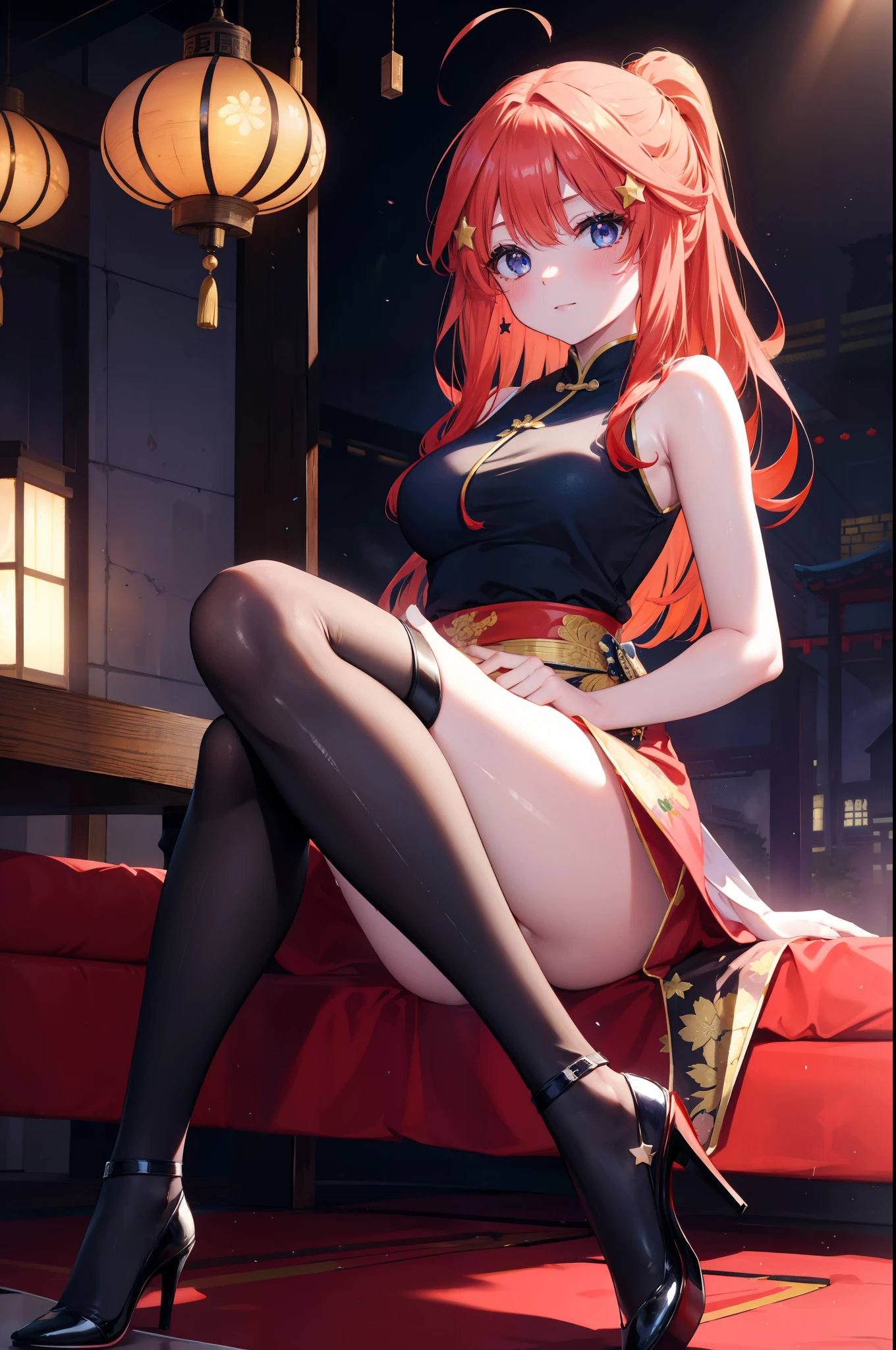 itsukinakano, itsuki nakano, bangs, blue eyes, hair between eyes, Ahoge, redhead, star \(symbol\), hair ornaments, star hair ornaments,long hair,low ponytail,smile,blush,open your mouth,,red cheongsam,red chinese slit skirt,black pantyhose,stiletto heels,put your arms behind your back and look,歩いてる
break indoors, Chinese style streetscape,
break (masterpiece:1.2), highest quality, High resolution, unity 8k wallpaper, (figure:0.8), (detailed and beautiful eyes:1.6), highly detailed face, perfect lighting, Very detailed CG, (perfect hands, perfect anatomy),