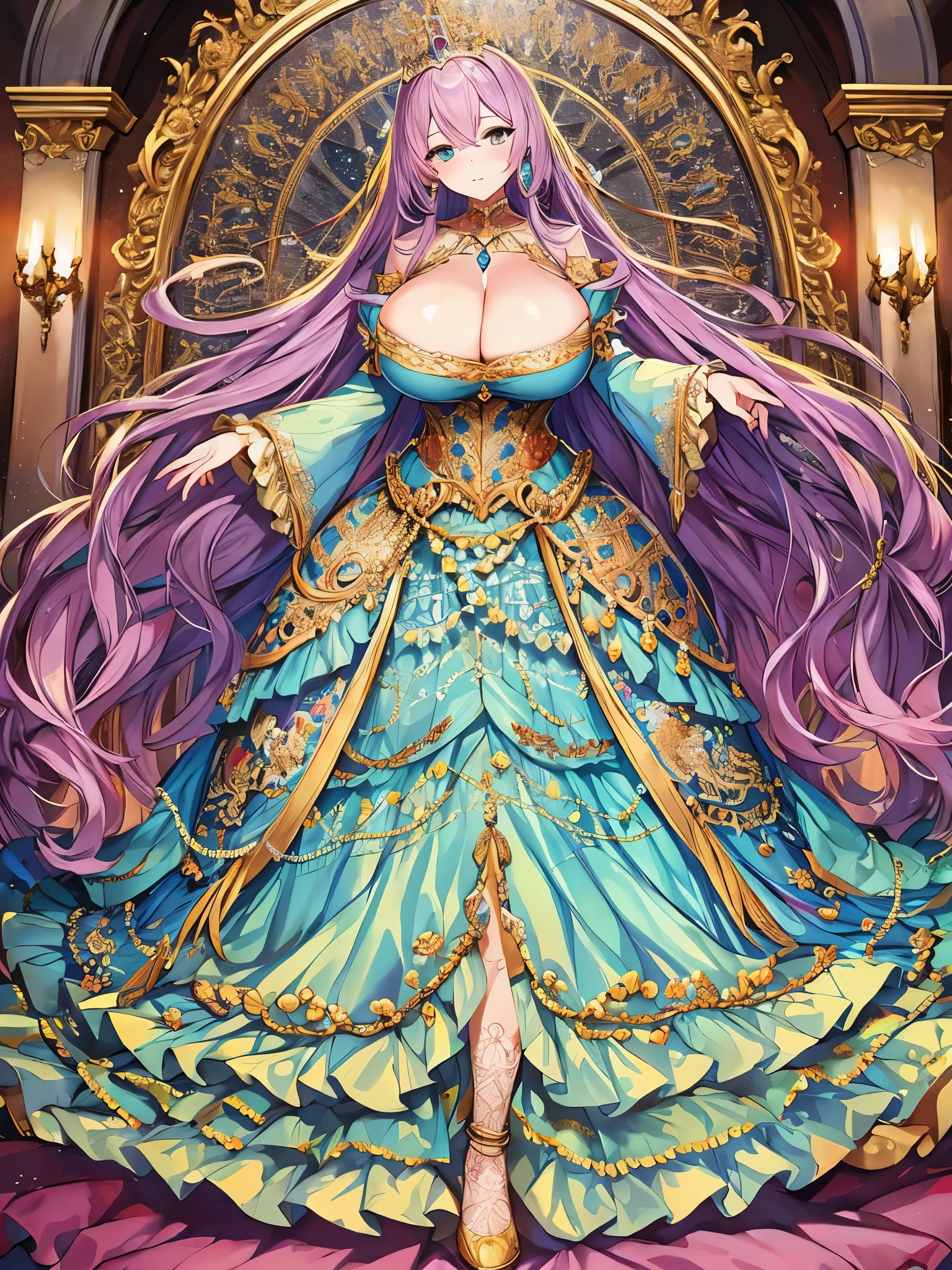 ((anime artstyle)),(((absurdres, Full-HD))),(Masterpiece),(Best Quality),(Super Detail),((Very Delicate and Beautiful)),cinematic lighting,Solo,full body,((full body shot)),((1 majestic rococo princess)),detailed face and eyes,jewel-like eyes,(((very very gigantic tits,cleavage,curvy))),Skindentation,((fantasy castle,outdoor)),((crinoline,long train)),super detailed gorgeous princess rococo ballgown with voluminous full length hoop skirt and long train,((gorgeous rococo ballgown with beautiful embroidery and jeweled)),((large amount of straight hair, absurdly long hair,Very Long Straight Hair)),extremely gorgeousfull hair ornament,bling-bling extremely gorgeousfull jeweled tiara,luxurious jewelry,full body shot,((gorgeous rococo ballgown with voluminous full length hoop skirt))