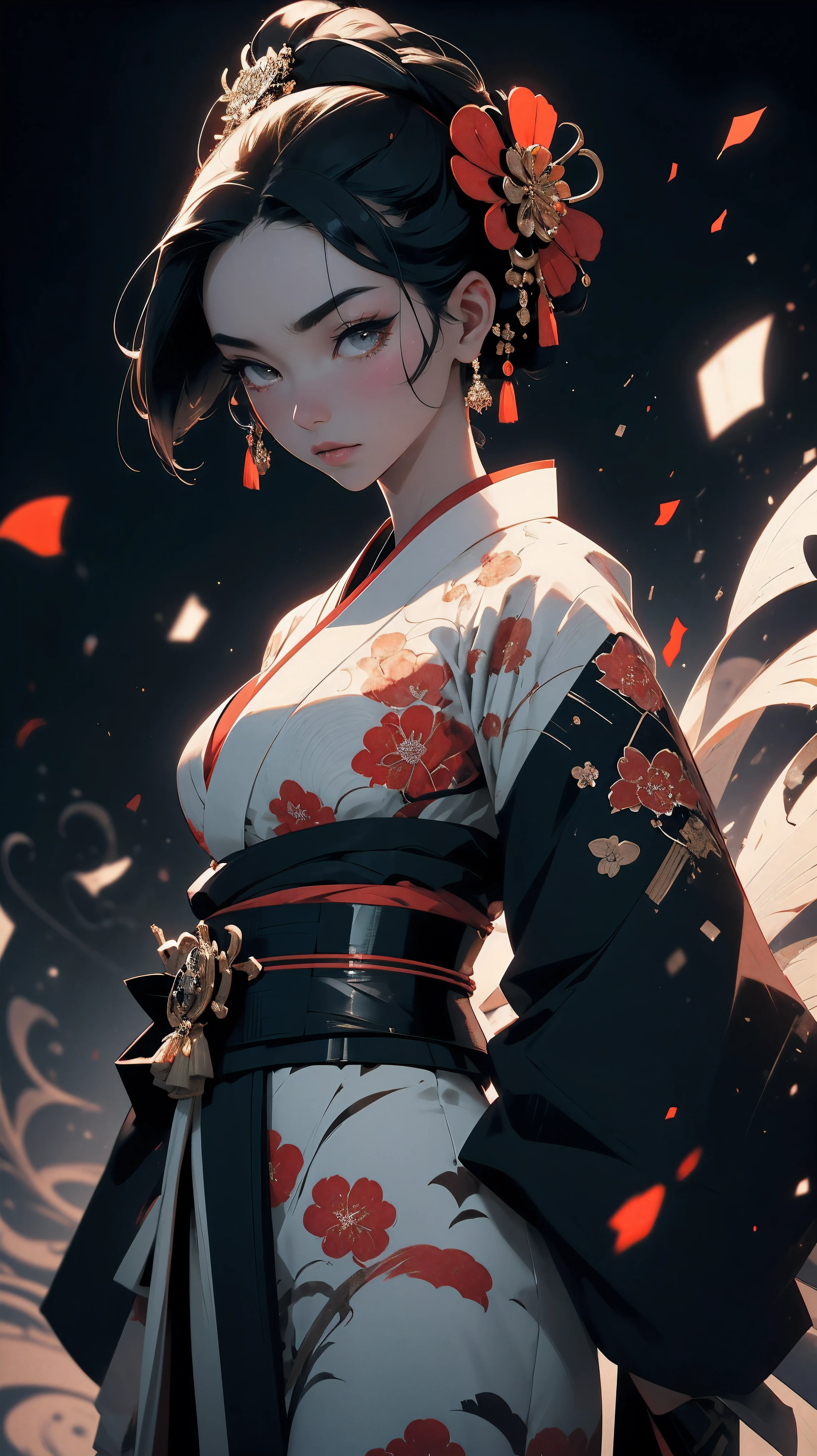 Geisha, Alluring figure, Wearing kimono. Masterful technique reveals the intensity and power of the image;sense of presence，with the highest quality, Perfectly capture every detail with ultra-high resolution. Textures and intricate patterns on kimonos are rendered with extreme precision. Lighting is carefully designed，Enhanced raman, Features deep shadows and subtle highlights. General, The artwork exudes elegance and power, Combining traditional Japanese aesthetics with a modern feel. Monochromatic color palette, Combine details, Create captivating and immersive experience for your audience.