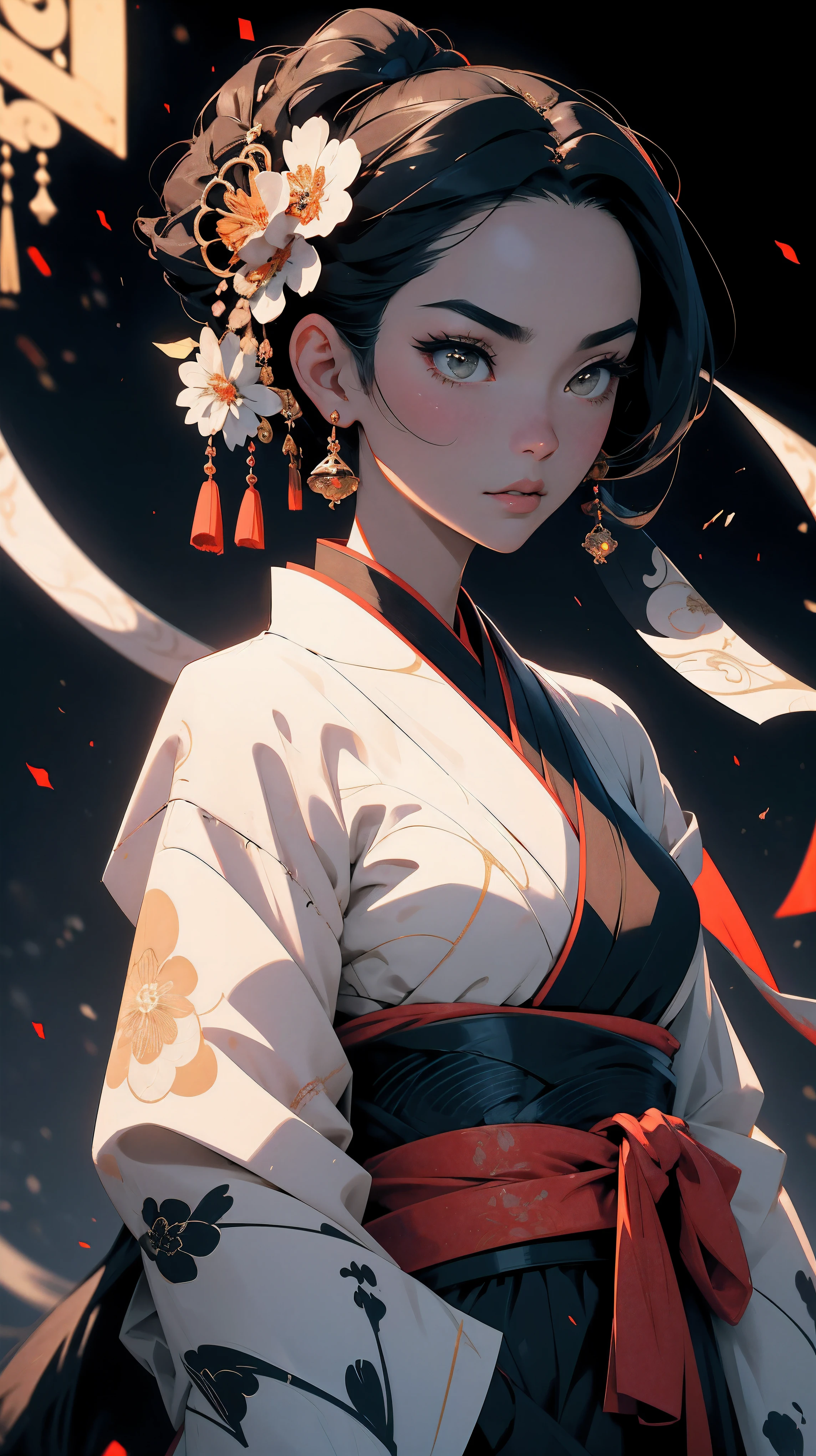 Geisha, Alluring figure, Wearing kimono. Masterful technique reveals the intensity and power of the image;sense of presence,with the highest quality, Perfectly capture every detail with ultra-high resolution. Textures and intricate patterns on kimonos are rendered with extreme precision. Lighting is carefully designed,Enhanced raman, Features deep shadows and subtle highlights. General, The artwork exudes elegance and power, Combining traditional Japanese aesthetics with a modern feel. Monochromatic color palette, Combine details, Create captivating and immersive experience for your audience.