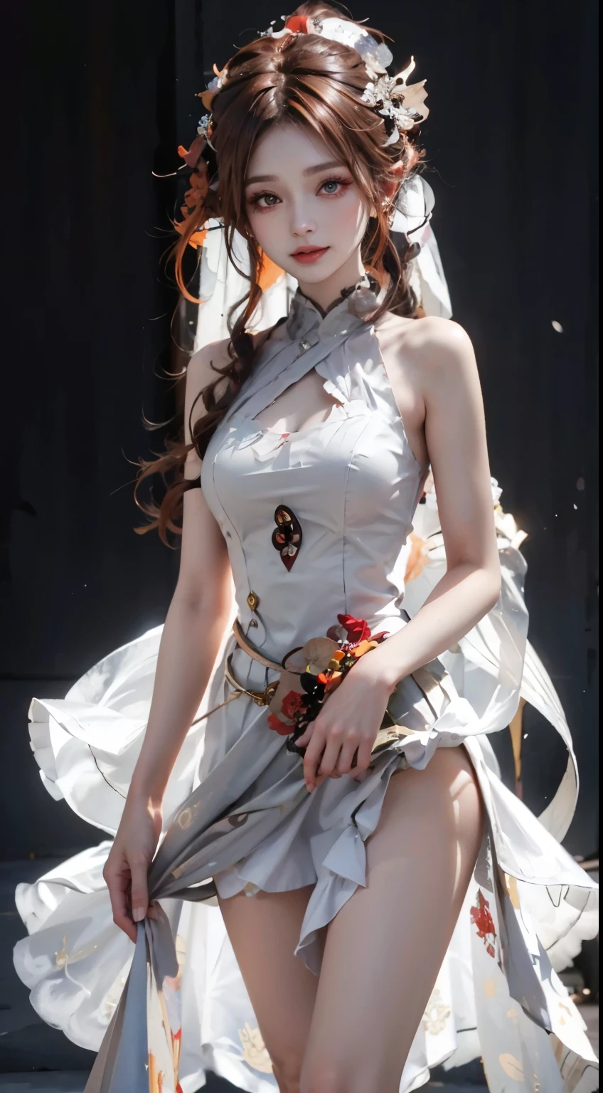 Modify hair only、Face)dress,Reddish-brown hair,curls,ponytail,Nice bun,Perfect hairstyle,red headdress,red eyes,red eye,red pupils,Delicate and detailed eyes,clear eyes,Red eyes,huge ,smile,happy