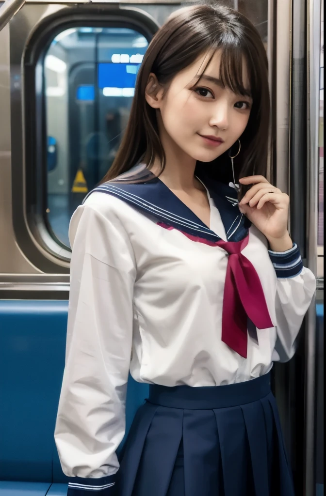 japanese 、sailor suit、10generation、beautiful woman、cute face、well-groomed face、masterpiece, highest quality, High resolution, very detailed, detailed background, cinematic lighting, 1 girl, looking at the viewer, subway, Inside the train, , white shirt, skirt, Sweat, transparent, heavy breathing, embarrassing, put your hand on your crotch, NSFW