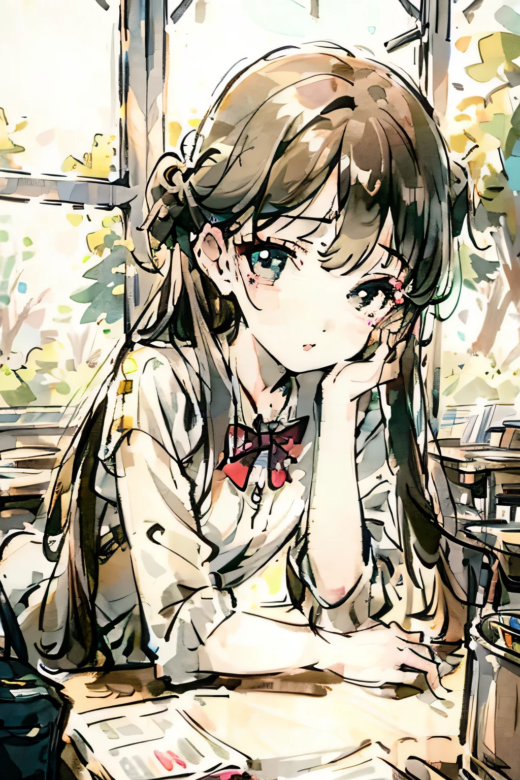 girl, beautiful girl, detailed face and eyes, long eyelashes, delicate lips, neat hairstyle, stylish , sitting in a classroom, natural lighting, from a far angle shot, surrounded by desks and chairs, colorful classroom decorations, school blackboard with chalk writings, open windows with sunlight streaming in, books and notebooks on the desk, school bag on the floor, a sense of youth and tranquility, high-quality illustration, vivid colors, fine details