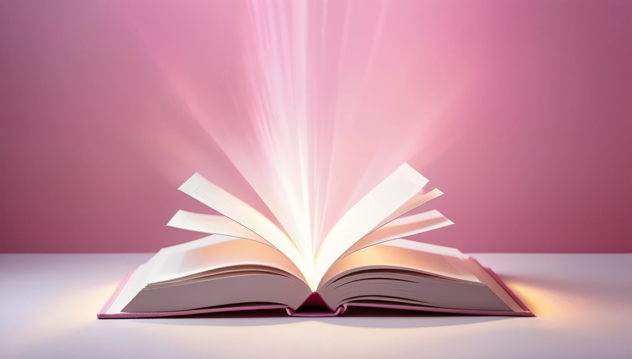 An open white book,Pink dreamy light effect,Pure background,Commercial Photography,Center the composition