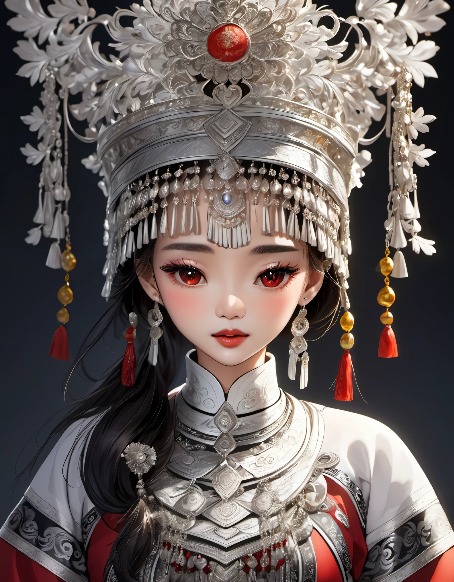 (best quality,8K,masterpiece:1.2),stunning,gorgeous Chinese girl,queen,detailed skin details,bright eyes,gorgeous eyelashes,standing alone,looking at the audience,minority:1.5,silver jewelry:1.2,silver hat crown:1.5,silver tassels:1.37,silver necklace,silver texture,silver sheen,upper body,long sleeves,dark ethnic attire,long skirt:1.2,waist,details of black and red linen fabric,characteristics of Miao ethnic attire,totem)