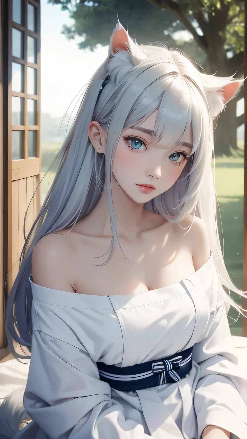 (((masterpiece))),((highest quality)),one beautiful japanese girl,pale, (A character that combines humans and cats: 1.5), ((Cat ear)), (cat's eyes: 1.5), (furry clothes), and expose the skin,(tail)、grassland、three-haired cat
