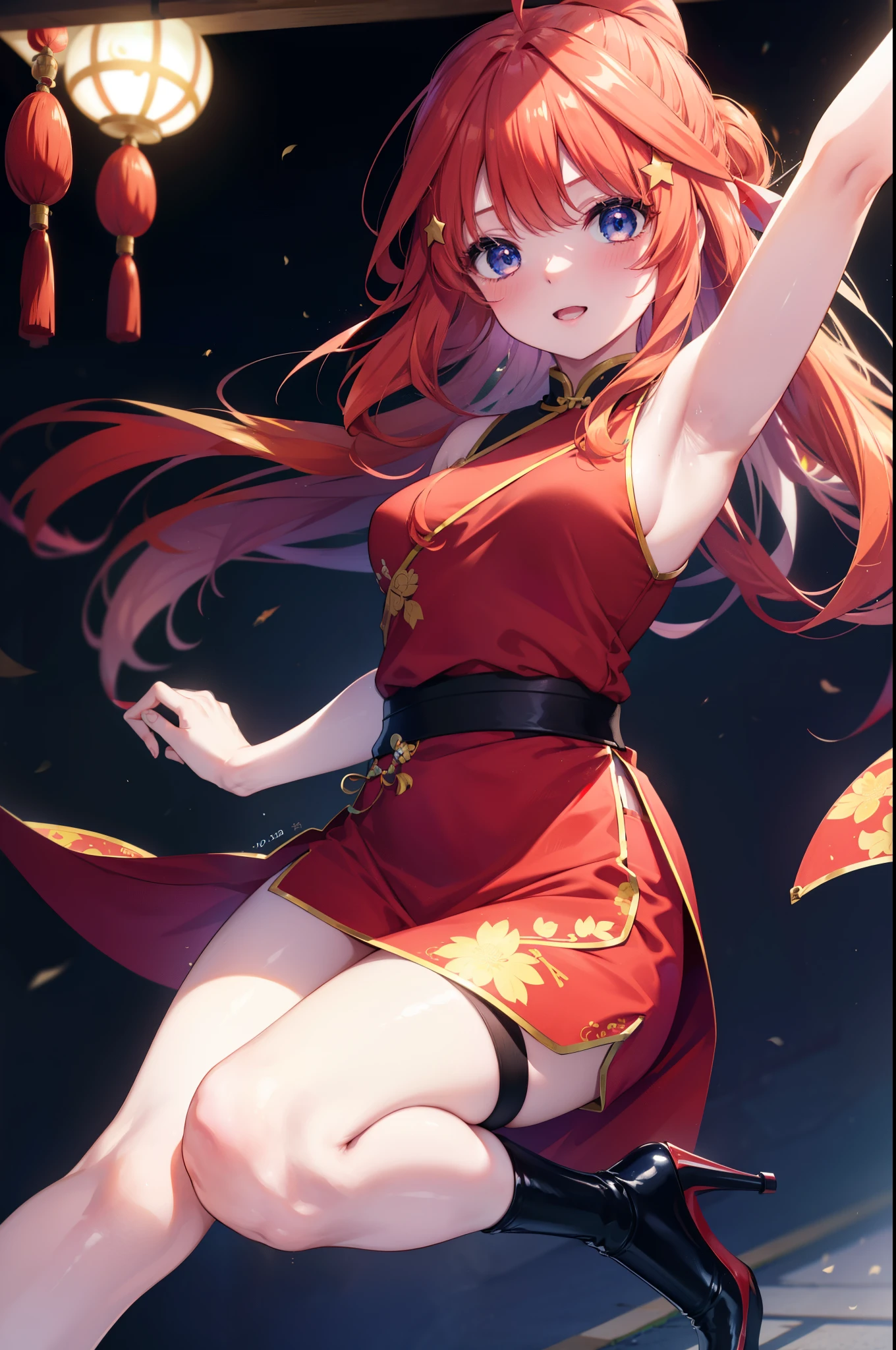 itsukinakano, itsuki nakano, bangs, blue eyes, hair between eyes, Ahoge, redhead, star \(symbol\), hair ornaments, star hair ornaments,long hair,low ponytail,smile,blush,open your mouth,red sleeveless cheongsam,red chinese slit skirt,black pantyhose,stiletto heels,put your arms behind your back and look,歩いてる
break indoors, Chinese style streetscape,
break (masterpiece:1.2), highest quality, High resolution, unity 8k wallpaper, (figure:0.8), (detailed and beautiful eyes:1.6), highly detailed face, perfect lighting, Very detailed CG, (perfect hands, perfect anatomy),
