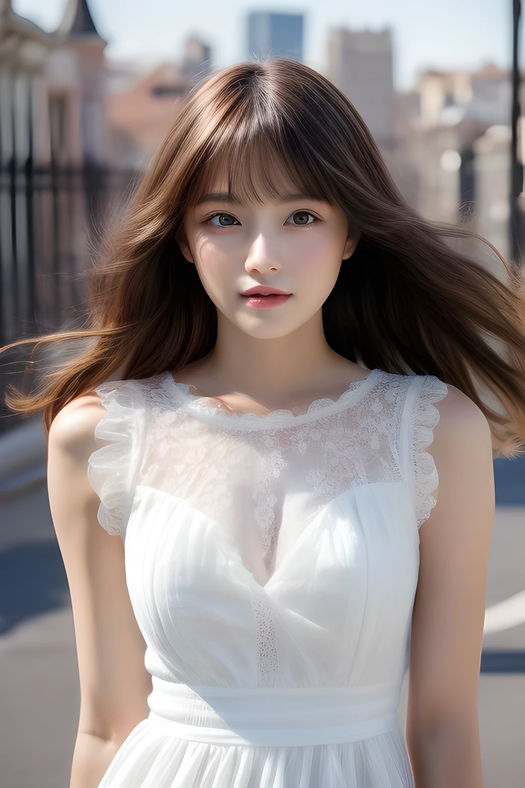 Ulchan-6500-v1.1,(masterpiece, highest quality:1.3), (Ultra-detailed 8K:1.2), (hyperrealistic:1.35),(Raw photo:1.2),highest quality, High resolution, wallpaper, realistic, bright lighting, professional lighting, face light, smooth lighting, BREAK Japanese women, 20-year-old, cute, action, gravure, sexy, wearing , super beautiful, beautiful skin, beautiful and detailed eyes, detailed face, slim, moderately, clean long hair, brunette hair, dark brown eyes, look at the camera, (full shot:1.3), (european gothic cityscape:1.3),(lace dress:1.3),