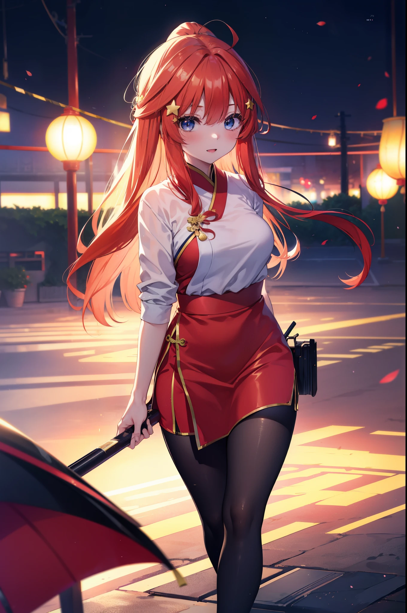 itsukinakano, itsuki nakano, bangs, blue eyes, hair between eyes, Ahoge, redhead, star \(symbol\), hair ornaments, star hair ornaments,long hair,low ponytail,smile,blush,open your mouth,red cheongsam,red china slit,black tights,stiletto heels,put your arms behind your back and look,歩いてる
break indoors, Chinese style streetscape,
break (masterpiece:1.2), highest quality, High resolution, unity 8k wallpaper, (figure:0.8), (detailed and beautiful eyes:1.6), highly detailed face, perfect lighting, Very detailed CG, (perfect hands, perfect anatomy),