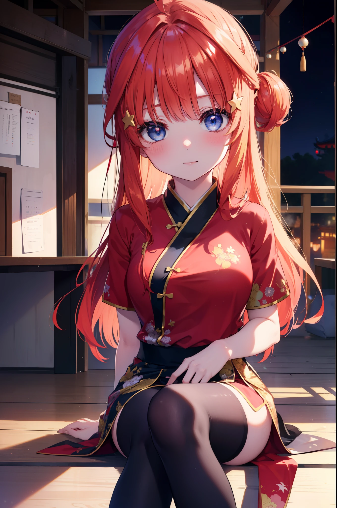 itsukinakano, itsuki nakano, bangs, blue eyes, hair between eyes, Ahoge, redhead, star \(symbol\), hair ornaments, star hair ornaments,long hair,low ponytail,smile,blush,open your mouth,red cheongsam,red china slit,black tights,stiletto heels,put your arms behind your back and look,歩いてる
break indoors, Chinese style streetscape,
break (masterpiece:1.2), highest quality, High resolution, unity 8k wallpaper, (figure:0.8), (detailed and beautiful eyes:1.6), highly detailed face, perfect lighting, Very detailed CG, (perfect hands, perfect anatomy),
