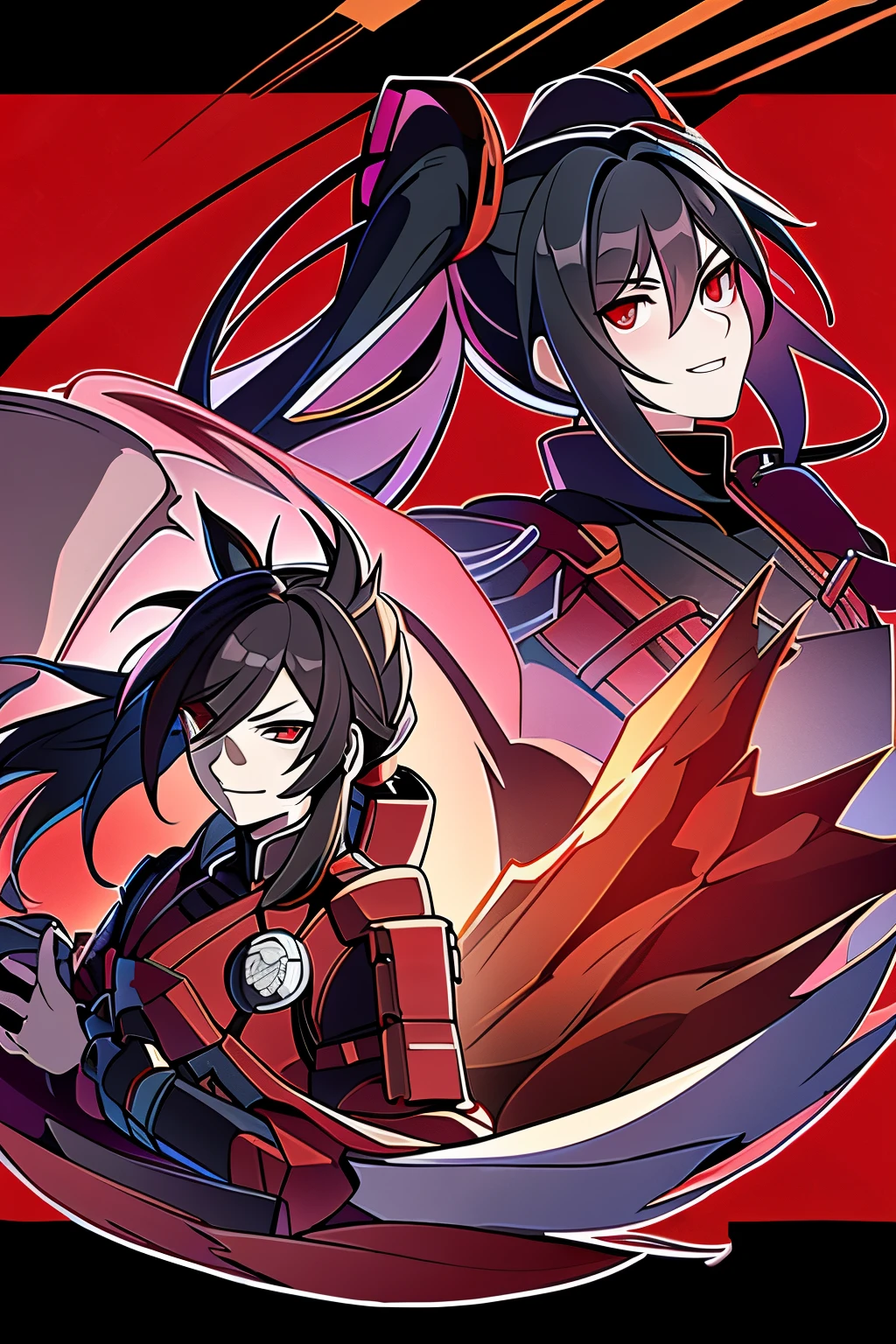 (high-quality, breathtaking),(expressive eyes, perfect face), Symmetrical Eyes, 1girl, female, black hair color, red eye color, , lolita, bun hairstyle with pigtails, fluffy hair, Li Meiling inspired, Madara Uchiha Inspired, Bicep-high Gauntlets, Armored Boots, Thigh-high Heeled Boots, Armored Gauntlets, battle kimono, skirt, Metal Red Armor chest plate with shoulder pads, Madara Uchiha Clothing, bright smile, Shinobi, Hidden Leaf Shinobi, short height, bright smile, grey background, headshot, portrait
