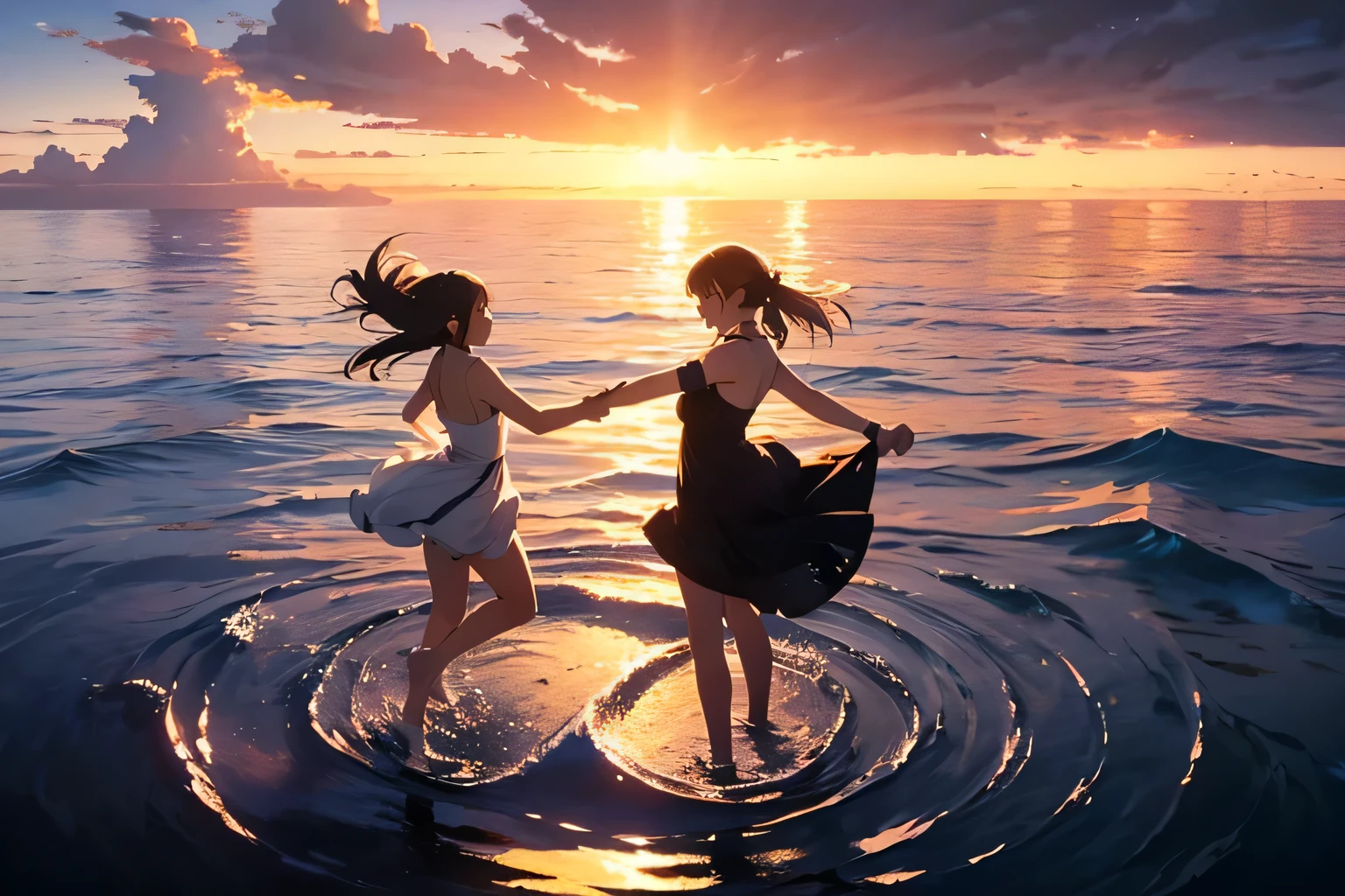 Makoto ShInkaI's world, concept art, anImatIon, gIrls dancIng on the surface of the sea, calm sea, At sea, I(n the mIddle of the ocean:1.3), rIpples, sunset, (best composItIon), (MasterpIece), (Best QualIty), (Ultra hIgh DetaIles), IntrIcate detaIls, IntrIcate detaIl texture, (wIde angle vIew)