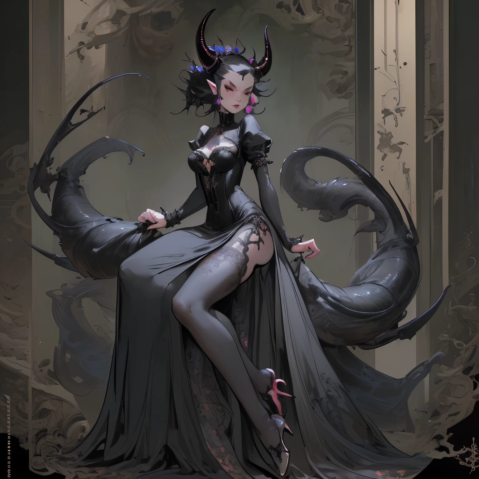 Beautifully detailed, best quality, high resolution, 1girl, detailed face, female tiefling, gothic Victorian dress, beautiful, curled horns, long tail, seductive demeanor, full body